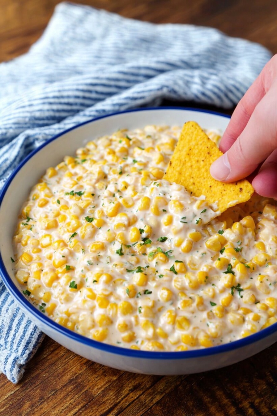 A white bowl filled with creamy corn dip showing a mix of yellow corn kernels and thick white sauce with small bits of green herbs scattered throughout, a woman's hand holding a yellow tortilla chip dipping into the right side of the bowl, the bowl set on a wooden table with a white and blue striped cloth in the background, photo taken with an iphone --ar 2:3 --v 7 - Spicy Mexican Corn Dip, Mexican street corn dip, spicy corn appetizer, smoky corn dip, easy Mexican corn dip
