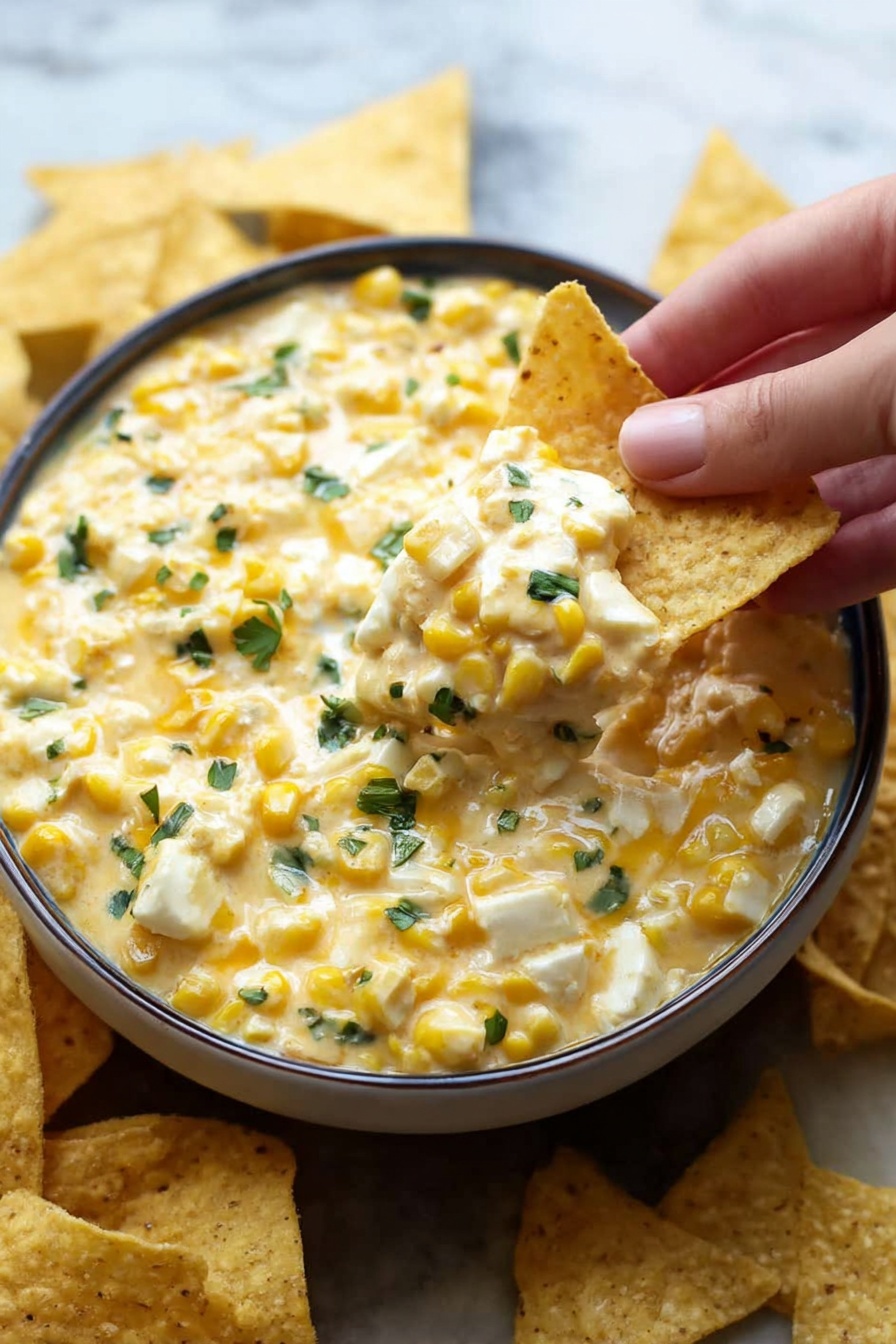 A white woman's hand holding a single triangular beige corn chip dipped in creamy yellow corn and cheese dip with small green herb pieces on top. The dip is thick and chunky with visible whole corn kernels and bits of melted cheese. The dip is served in a round white bowl with a dark rim, filled to the top. More corn chips are scattered around the bowl on a white marbled surface. The lighting is natural and bright, showing the dip’s creamy texture and the uneven shapes of the corn kernels photo taken with an iphone --ar 2:3 --v 7 - Spicy Mexican Corn Dip, Mexican street corn dip, spicy corn appetizer, smoky corn dip, easy Mexican corn dip