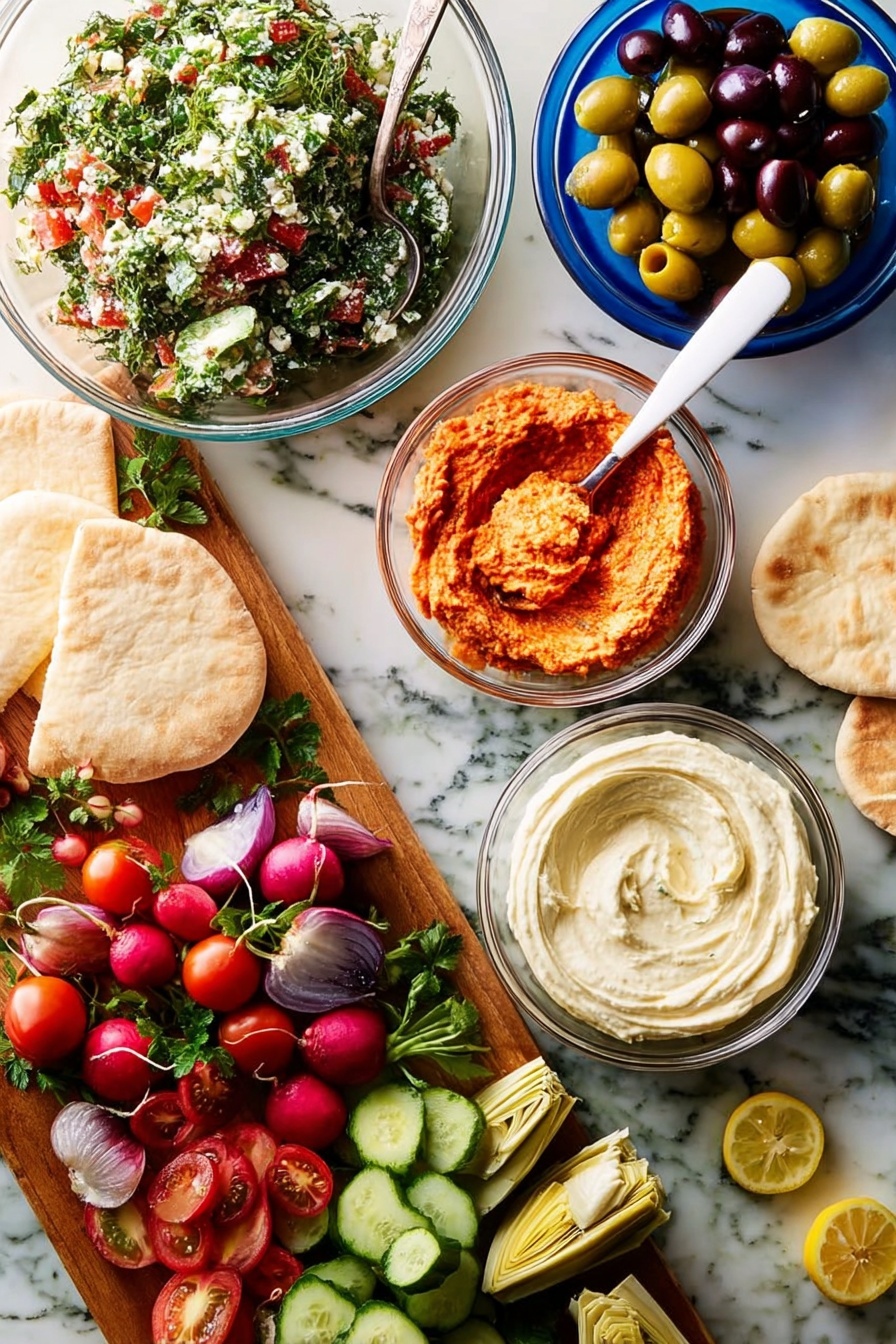 A medium glass bowl at the top left holds a chopped salad with green herbs and red tomato pieces, with a silver spoon inside. To its right, a smaller glass bowl contains red-orange spread with a white spatula resting in it. Above this, a small glass bowl is filled with various olives in green, yellow, and dark purple. Below the spread bowl, another medium glass bowl has a creamy white dip with a smooth, swirled texture. Toward the bottom left, pieces of round pita bread are placed next to a wooden board with vibrant small red and purple tomatoes, pointed green radishes with white tips, green cucumber slices, and pale yellow artichoke quarters. Scattered lemon wedges are visible at the bottom right corner. The entire setup is on a white marbled surface. Photo taken with an iphone --ar 2:3 --v 7 - Mezze Platter with Feta and Hummus, Mediterranean mezze platter, Greek feta cheese board, healthy appetizer platter, DIY mezze platter ideas