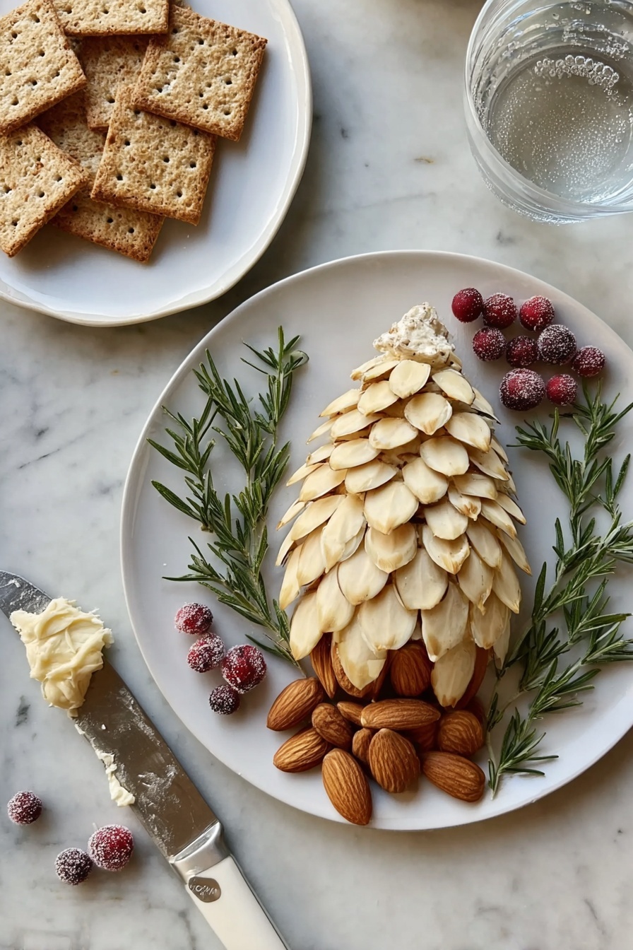 A white plate holds a cheese shaped like a pinecone, covered with thin almond slices in layered rows to mimic pinecone scales, with creamy cheese visible at the base layer. Next to it, whole almonds are neatly placed in a row. Fresh rosemary sprigs with frosted red cranberries decorate the top edge of the plate. Nearby, a smaller white plate has three square crackers, two topped with some creamy cheese and almond slices, and two plain crackers. A single frosted cranberry sits on the small plate’s edge. A knife with a white handle and some cheese on the blade rests on the white marbled surface near the plates. A clear glass of water is partly visible at the top right corner. photo taken with an iphone --ar 2:3 --v 7 - Pinecone Cheese Ball, festive cheese ball appetizer, holiday cheese centerpiece, cheese ball with rosemary, decorative cheese ball recipe
