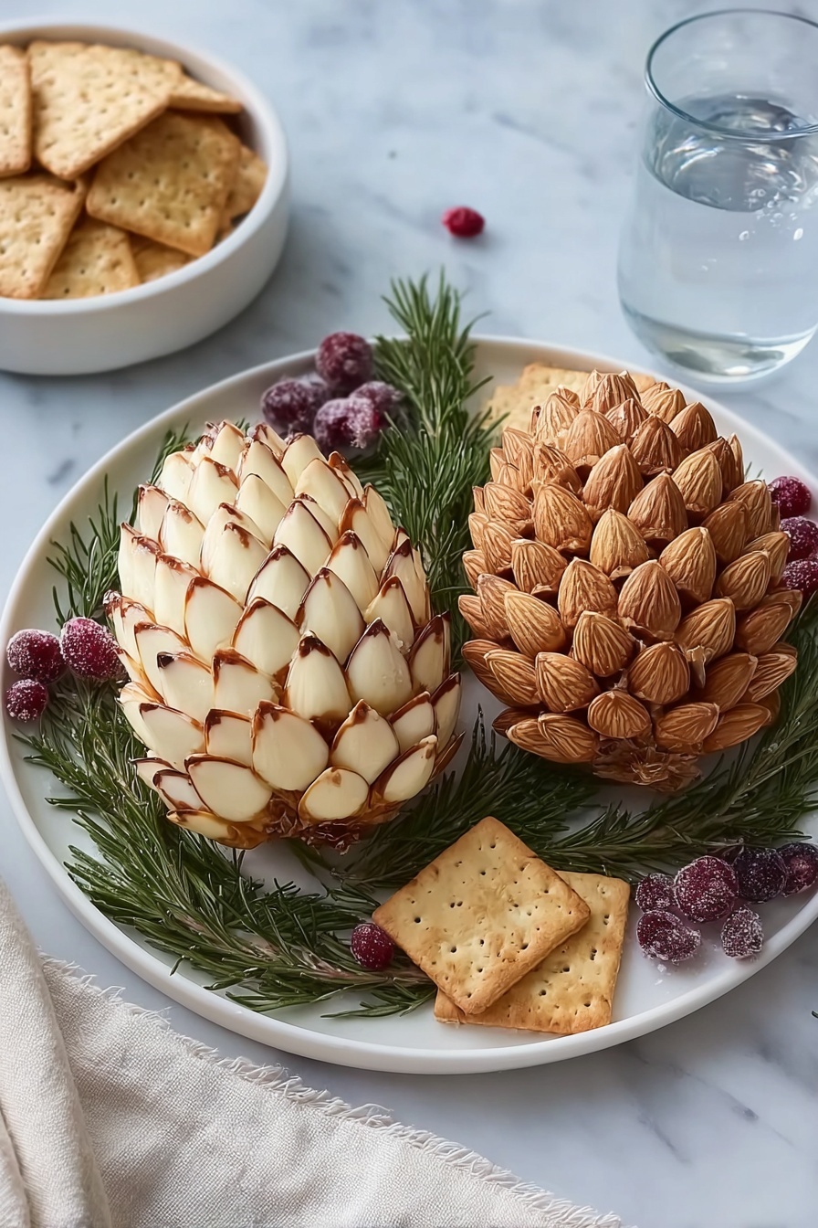 Two pinecone-shaped cheese balls sit side by side on a white plate. The left cheese ball is decorated with overlapping light almond slices edged with brown, creating a textured pinecone look. The right cheese ball has whole brown almonds tightly packed, also shaped like a pinecone. Both cheese balls rest on a bed of dark green rosemary sprigs, with frosted red and purple cranberries scattered among the herbs. Near the cheese balls, a few square crackers lie on the white marbled surface. A white bowl filled with more square crackers and a glass of water are partially visible in the background. The corner of a white cloth is visible at the bottom of the scene. Photo taken with an iphone --ar 2:3 --v 7 - Pinecone Cheese Ball, festive cheese ball appetizer, holiday cheese centerpiece, cheese ball with rosemary, decorative cheese ball recipe