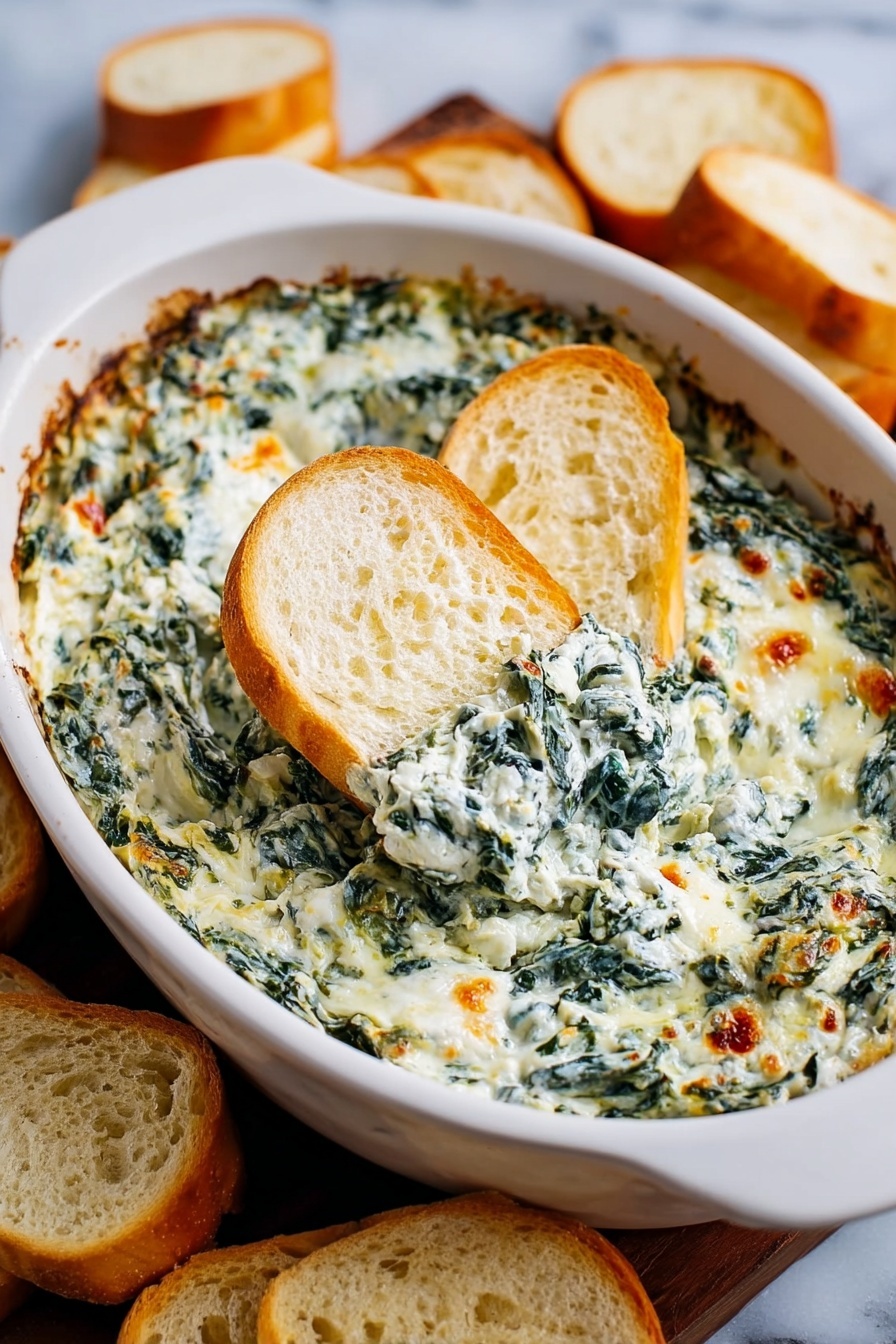 A white baking dish filled with a creamy spinach dip that has a mix of green spinach leaves and melted white cheese with some light brown spots on top. Two slices of white bread are placed dipped into the dip near the center, showing the thick texture of the spinach mix. Around the dish, more slices of white bread are stacked, all on a white marbled surface. The creamy dip looks soft and mixed well with green and white colors, with some small bits of orange and brown. Photo taken with an iphone --ar 2:3 --v 7 - Hot Spinach Dip, spinach dip recipe, cheesy spinach dip, quick spinach appetizer, creamy spinach dip