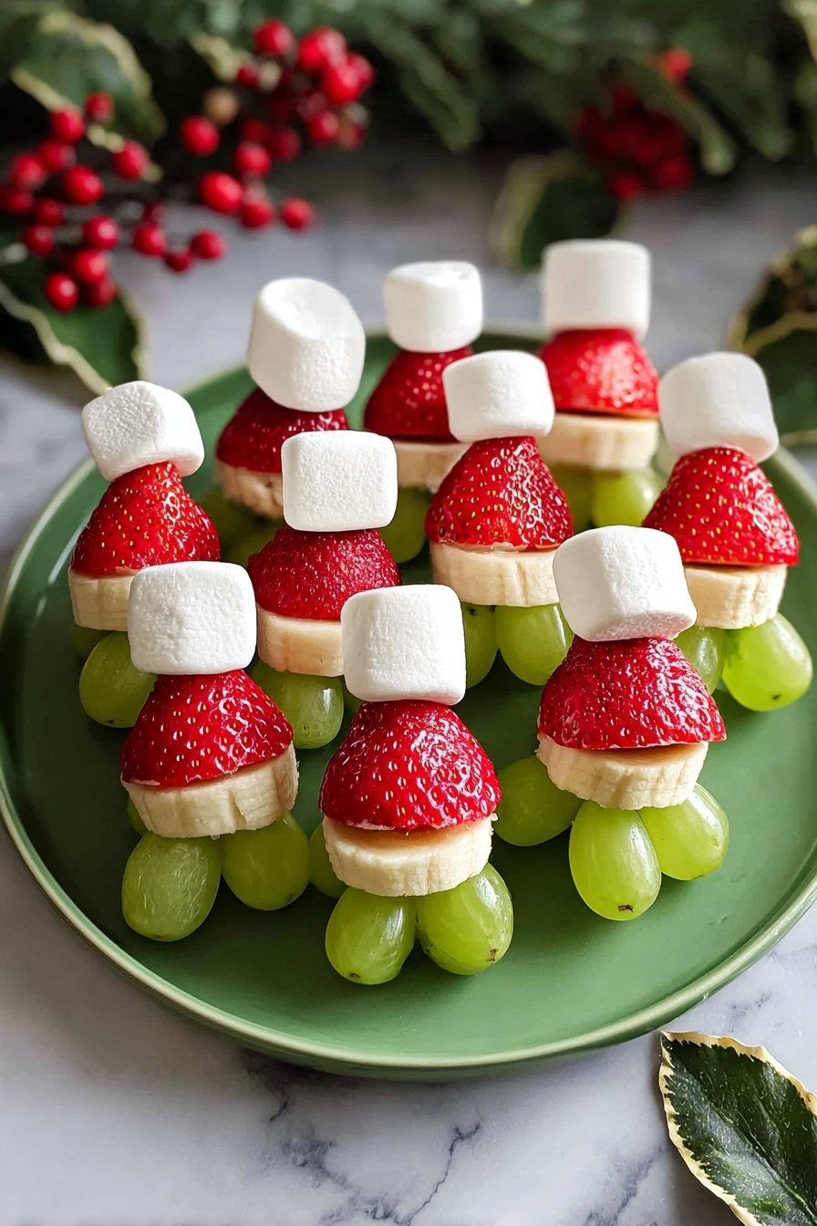 A round green plate holds a pile of small fruit snacks arranged like Santa hats. Each snack is made of four layers: a green grape at the bottom, a banana slice above the grape, a red strawberry placed upside-down on top of the banana slice, and a small white marshmallow on the very top to look like a hat pom-pom. The plate sits on a white marbled surface, with green leaves and red berries surrounding the plate in the background, giving a festive and fresh look. Photo taken with an iphone --ar 2:3 --v 7 - Grinch Fruit Kabobs, healthy holiday snacks, festive fruit skewers, kids friendly Christmas treats, colorful holiday party ideas