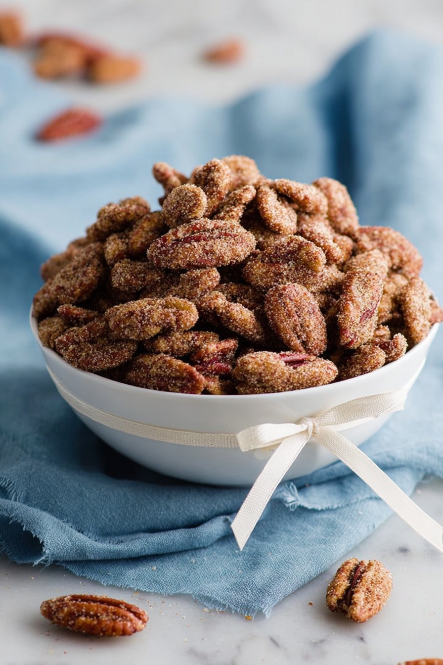 A white bowl filled with a large pile of cinnamon sugar coated pecans, the nuts showing a rough, sugary texture in shades of brown and tan. The bowl is tied with a simple white ribbon and sits on a soft, blue cloth with folds. A few pecans are scattered around the bowl on a white marbled surface. The background is softly blurred, emphasizing the bowl of nuts. photo taken with an iphone --ar 2:3 --v 7 - Cinnamon Candied Pecans, cinnamon pecan snack, easy candied pecans, sweet crunchy pecans, holiday gift pecans