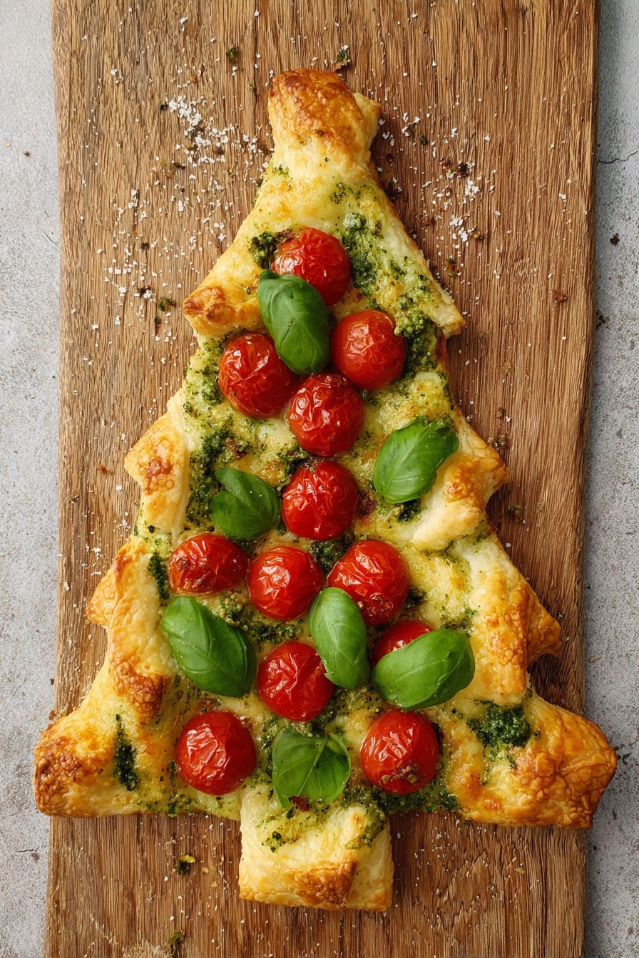 The dish is shaped like a Christmas tree on a wooden surface. It has a base layer of golden-baked puff pastry forming the tree shape with jagged edges on both sides. On top of this pastry, there are bright red cherry tomatoes arranged in two lines running vertically down the tree. Fresh green basil leaves are scattered evenly among the tomatoes, adding lively color. Some green pesto sauce is spread on the puff pastry edges and top tip of the tree. The pastry looks flaky and light with a slightly crispy texture. The white marbled surface is visible only a little at the edges. Photo taken with an iphone --ar 2:3 --v 7 - Puff Pastry Christmas Tree Appetizer, festive holiday appetizers, easy Christmas appetizer recipes, party finger foods for Christmas, holiday puff pastry ideas
