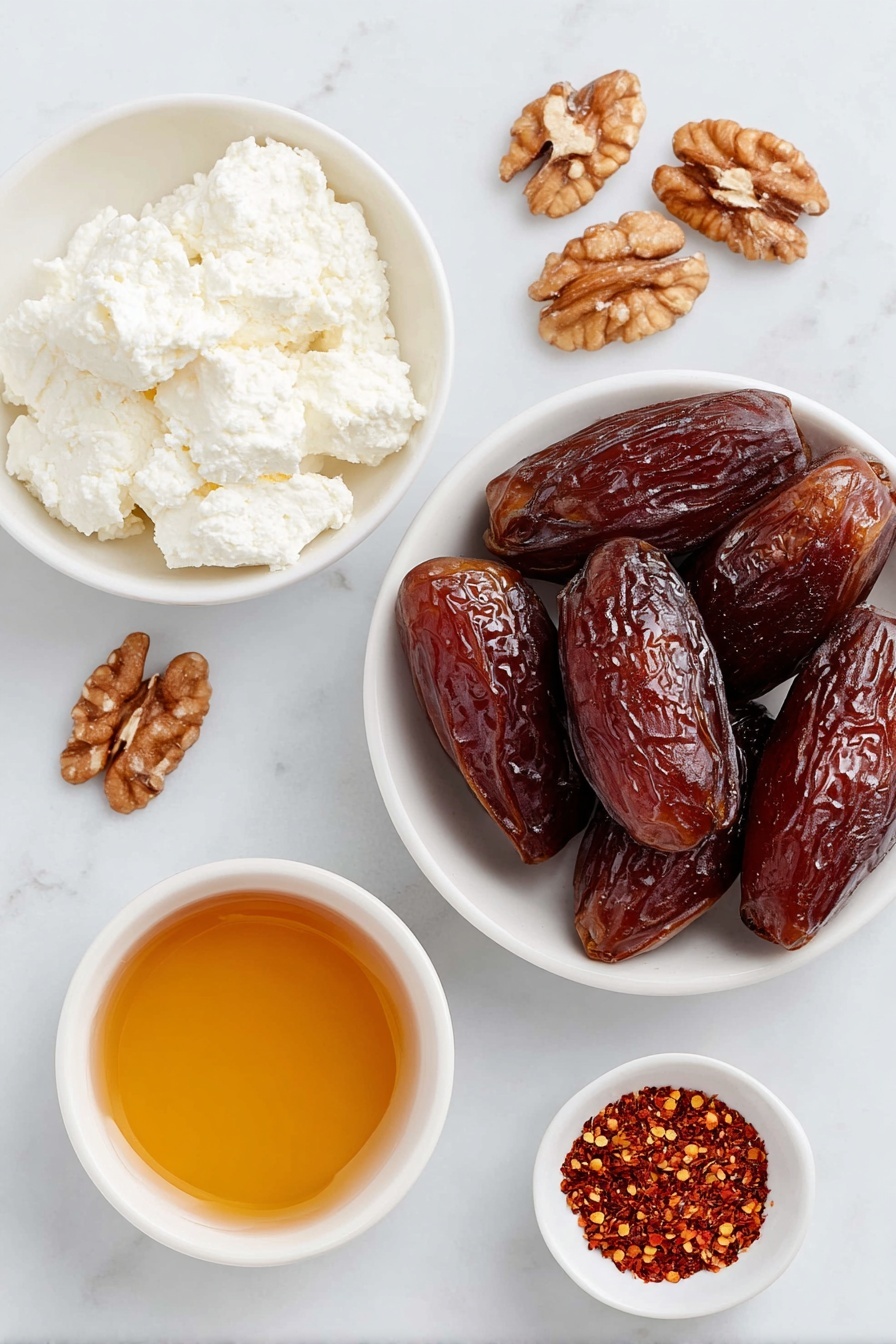 Flat lay of large glossy Medjool dates with smooth brown skins, a small mound of creamy soft white goat cheese, a scattering of irregular walnut halves with rich brown textures, a small white ceramic bowl filled with golden warm honey, and a tiny white bowl containing vibrant red pepper flakes, all arranged in perfect symmetry on a clean white marble surface, soft natural light, photo taken with an iPhone, professional food photography style, fresh ingredients, white ceramic bowls, no bottles, no duplicates, no utensils, no packaging --ar 2:3 --v 7 --p m7354615311229779997 - Stuffed Dates with Goat Cheese and Nuts, stuffed date appetizers, easy appetizer recipes, elegant party appetizers, goat cheese stuffed dates