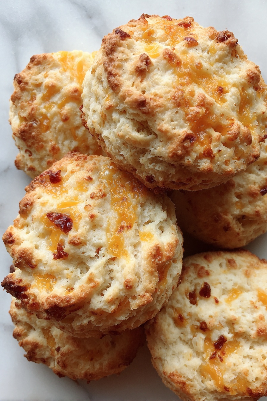 A close-up view of several round biscuits piled together, each biscuit having a rough, crumbly texture with visible chunks of melted light orange cheese and small bits of browned ingredients throughout. The biscuits show a mix of creamy beige and golden-brown colors, with an uneven surface and soft edges. The background is a white marbled texture. Photo taken with an iphone --ar 2:3 --v 7 - Cheddar Sausage Balls with Bisquick, sausage ball recipe, cheesy sausage appetizer, savory sausage snacks, easy sausage balls