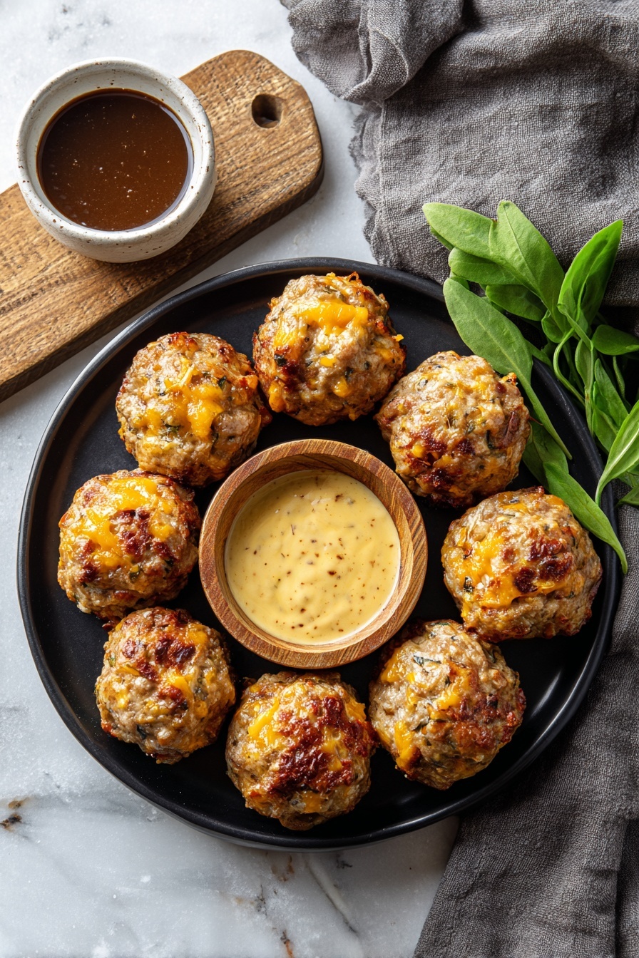 A black round plate sits on a white marbled surface, holding ten baked meatballs that are golden brown with bits of orange cheese visible in each one. In the center of the plate is a small wooden bowl filled with creamy, light yellow dipping sauce that has a speckled texture. To the upper left of the plate, there is another small white bowl filled with thick dark brown sauce, resting on a wooden board and grey cloth. Fresh green herbs are placed to the upper right side of the plate. The scene is well-lit, showing the textures and colors clearly, photo taken with an iphone --ar 2:3 --v 7 - Cheddar Sausage Balls with Bisquick, sausage ball recipe, cheesy sausage appetizer, savory sausage snacks, easy sausage balls