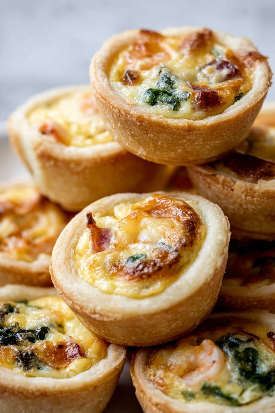 The image shows a close-up of many small savory mini quiches stacked together. Each mini quiche has a light golden brown, slightly crispy crust that forms a thick, round base and sides. Inside the crust, the filling has a creamy yellow color with slightly browned spots on top, indicating melted cheese. There are bits of green leafy vegetables and pinkish chunks, likely small pieces of shrimp or ham, embedded within the soft filling. The texture of the filling looks smooth and fluffy with a few browned edges around the top for a baked effect. The mini quiches are placed on a white marbled surface. photo taken with an iphone --ar 2:3 --v 7 - Mini Quiche Recipe, flaky pie crust mini quiches, savory bite-sized breakfast, easy quiche for brunch, customizable mini pies