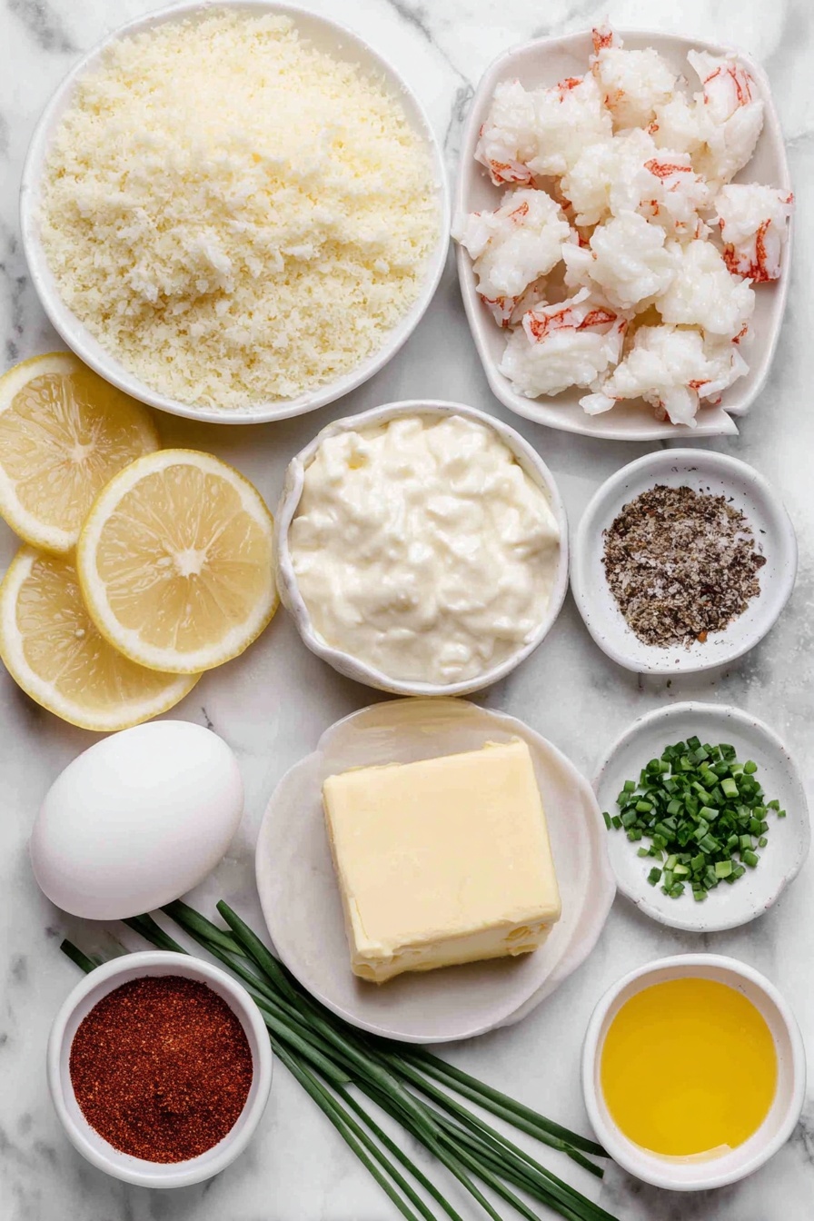 Flat lay of a small mound of golden panko bread crumbs, a small pile of finely grated parmesan cheese, a few chunks of bright white lump crab meat, a wedge of creamy white cream cheese, one whole large egg with a clean shell, a small white bowl filled with pale cream-colored mayonnaise, a small white bowl holding thick white sour cream, a small white bowl with melted golden butter, a few thin lemon wedges with bright yellow rind and juicy interiors, a small heap of finely chopped fresh green chives, a small white bowl containing bright yellow lemon juice, a small white bowl of smoky red paprika powder, a small white bowl of pale beige garlic powder, a small white bowl of reddish-brown old bay seasoning, and scattered coarse white salt crystals and mixed black and white peppercorns – all arranged in perfect symmetry on a simple white ceramic plates and bowls, placed on a clean white marble surface, soft natural light, photo taken with an iPhone, professional food photography style, fresh ingredients, white ceramic bowls, no bottles, no duplicates, no utensils, no packaging --ar 2:3 --v 7 --p m7354615311229779997 - Easy Crab Cake Bites, Crab Cake Bites appetizer, Seafood Bites recipe, Easy seafood appetizers, Bite-sized crab cakes