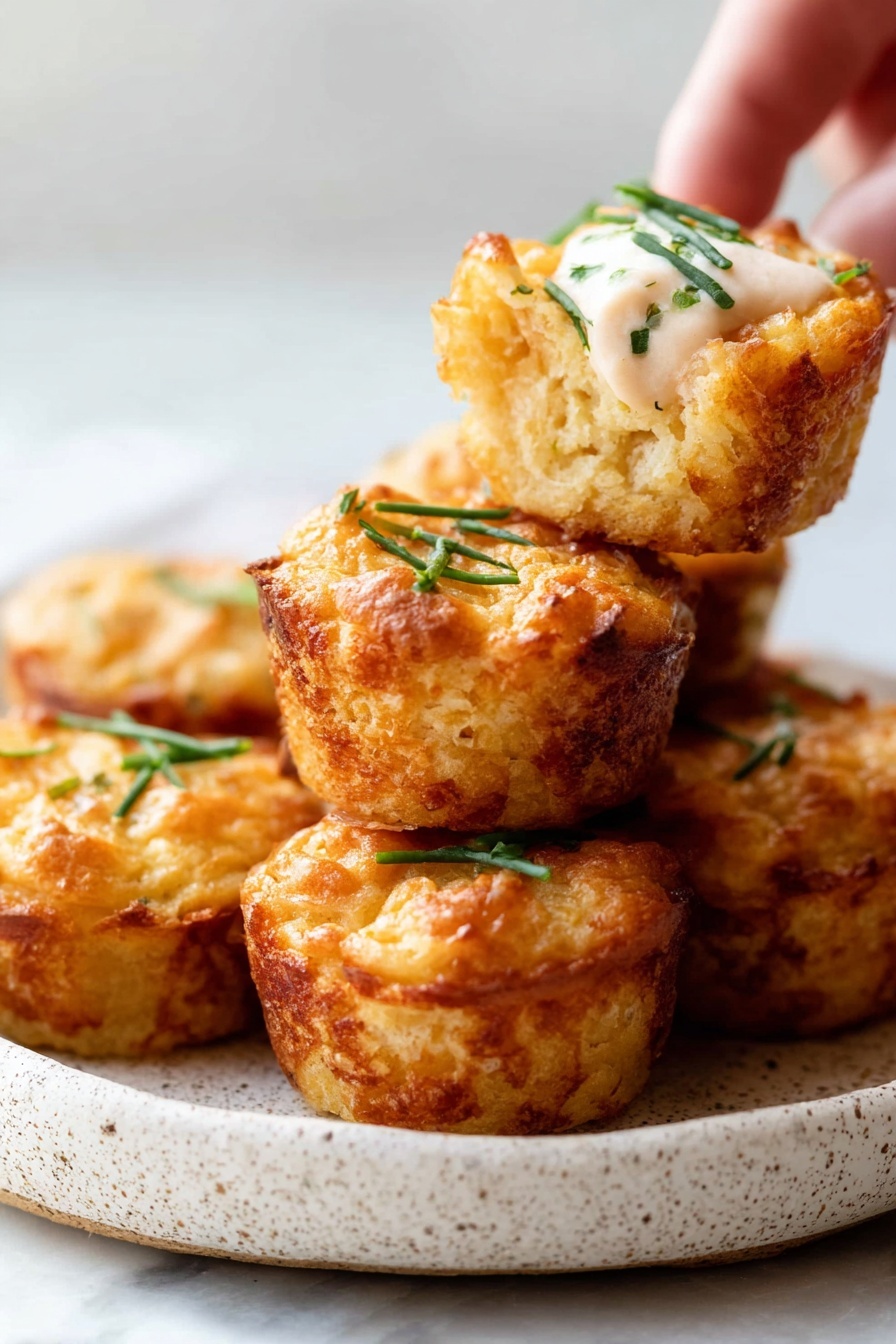 A stack of small, golden-brown muffins with a slightly crispy top sits on a white speckled plate, placed on a white marbled surface. The muffins have a textured, crumbly look, and each one is garnished with a few pieces of chopped green herbs on top. One muffin is held by a woman's hand above the stack, showing the soft and moist inside with a dollop of creamy white sauce sprinkled with green herbs on it. The background is softly lit, focusing attention on the warm tones and textures of the muffins. photo taken with an iphone --ar 2:3 --v 7 - Easy Crab Cake Bites, Crab Cake Bites appetizer, Seafood Bites recipe, Easy seafood appetizers, Bite-sized crab cakes