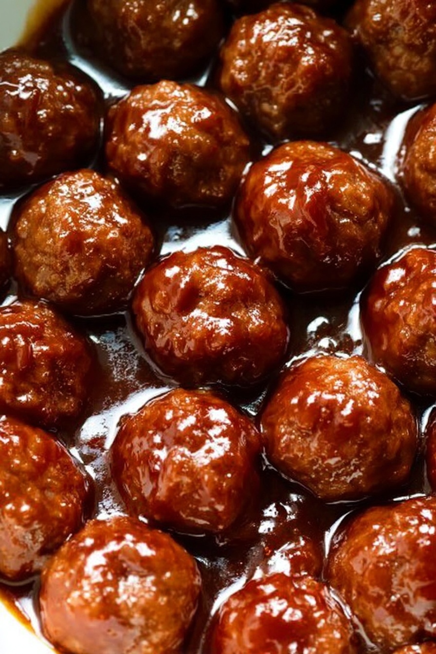 The image shows many round meatballs, each covered in shiny dark brown sauce, sitting close together in the sauce that pools beneath them. The meatballs have a slightly coarse texture with small bumps and an evenly browned surface. The sauce looks thick and glossy, giving the meatballs a wet and rich look. The background is a white marbled texture. photo taken with an iphone --ar 2:3 --v 7 - Easy Crockpot BBQ Meatballs, crockpot BBQ meatballs, slow cooker meatball recipe, party appetizer ideas, quick dinner recipes
