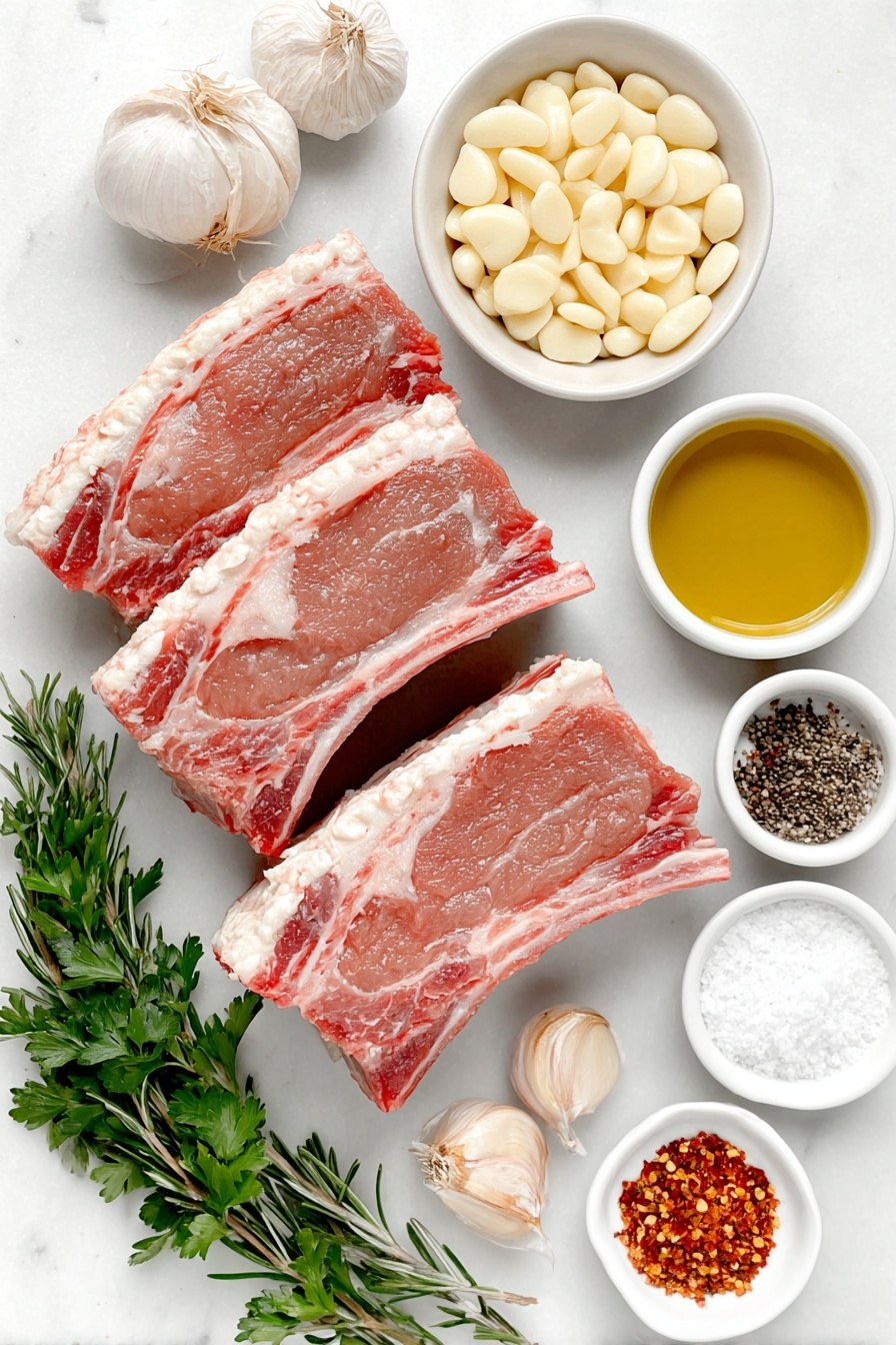 Flat lay of two fresh raw lamb racks with a layer of creamy white fat on top, ten whole unpeeled garlic cloves scattered naturally, a small bunch of vibrant green fresh parsley sprigs, a small white bowl filled with rich golden extra virgin olive oil, a small white bowl containing coarse dry rosemary needles, a small white bowl with bright red crushed red pepper flakes, a small white bowl of coarse kosher salt crystals, and a small white bowl of freshly ground black pepper placed symmetrically around the lamb racks, all arranged on a clean white marble surface, soft natural light, photo taken with an iPhone, professional food photography style, fresh ingredients, white ceramic bowls, no bottles, no duplicates, no utensils, no packaging --ar 2:3 --v 7 --p m7354615311229779997 - Garlic Herb Rack of Lamb Roast, Rack of Lamb Recipe, Mediterranean Lamb Roast, Easy Lamb Roast, Elegant Lamb Dinner