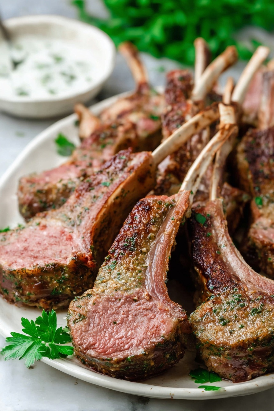 The image shows several cooked lamb chops arranged closely together on a white marbled surface. Each lamb chop is sliced and reveals a pinkish-red inside with a brown crust on the outside, showing a textured, grilled surface. Some pieces have small bones sticking out visible in the center. Fresh green parsley leaves are scattered around adding a touch of vibrant green. The meat looks juicy and well-seasoned with visible herbs on the brown outer layer. photo taken with an iphone --ar 2:3 --v 7 - Garlic Herb Rack of Lamb Roast, Rack of Lamb Recipe, Mediterranean Lamb Roast, Easy Lamb Roast, Elegant Lamb Dinner