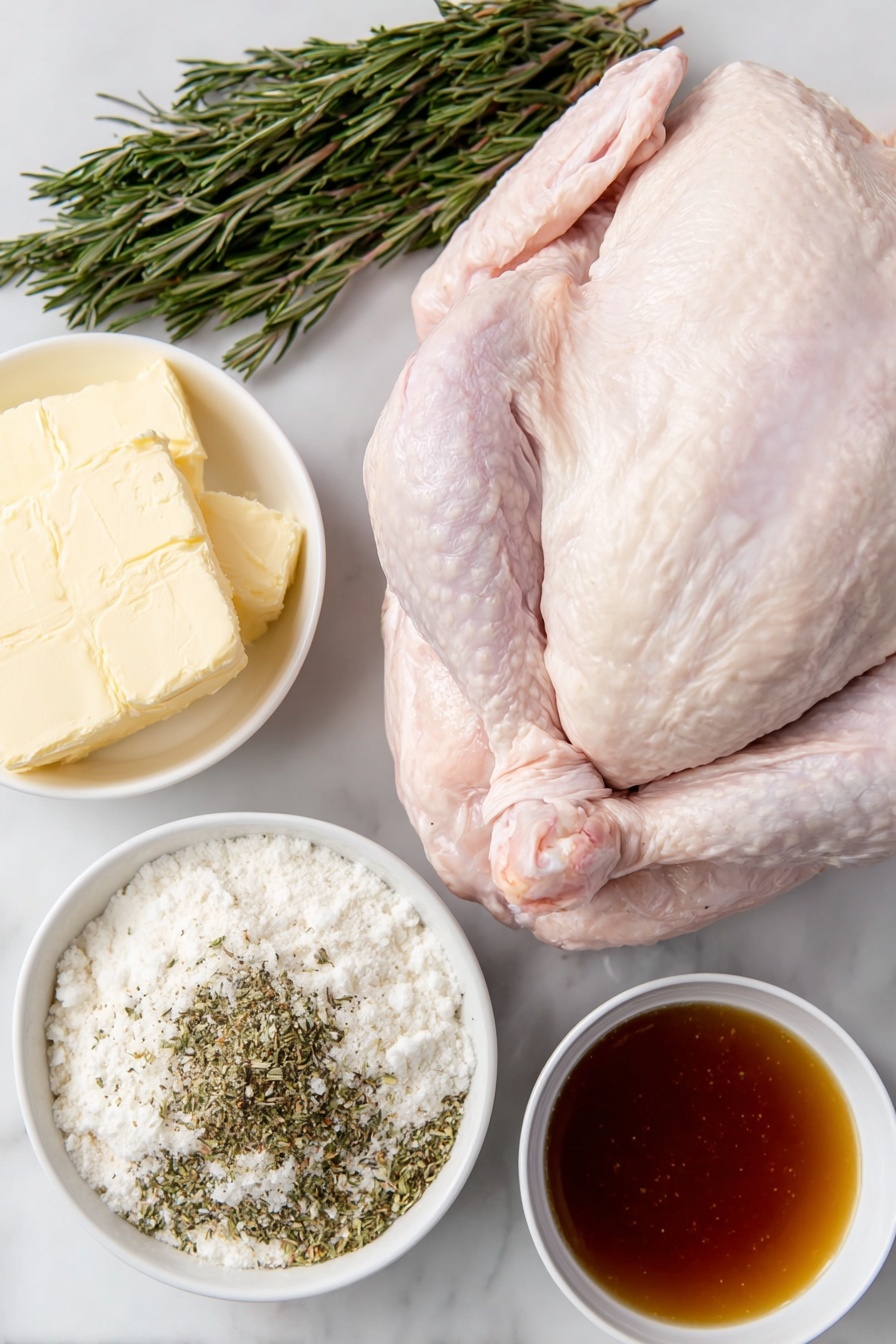 Flat lay of a whole fresh raw turkey with pale pink skin, a small white ceramic bowl of softened golden butter, a small white ceramic bowl containing a mixture of coarse seasoned salt with visible herbs and spices, a small white ceramic bowl filled with golden pan drippings, a small white ceramic bowl of fine white all-purpose flour, a small white ceramic bowl filled with rich amber turkey broth, all neatly arranged in perfect symmetry placed on a clean white marble surface, soft natural light, photo taken with an iPhone, professional food photography style, fresh ingredients, white ceramic bowls, no bottles, no duplicates, no utensils, no packaging --ar 2:3 --v 7 --p m7354615311229779997 - Oven Roasted Turkey with Delicious Gravy, turkey roasting tips, how to make perfect turkey gravy, holiday turkey recipes, crispy roasted turkey