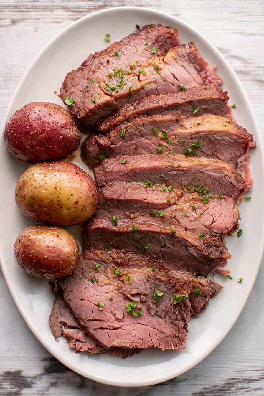 A white oval plate on a white marbled surface holds several slices of roast beef arranged in an overlapping row across the plate’s center and right side. The beef slices show a cooked brown edge with a pink inside, and small pieces of green herb garnish are sprinkled on top. On the left side of the plate, there are three whole cooked red potatoes with coarse seasoning and bits of green herbs on them. Photo taken with an iphone --ar 2:3 --v 7 - Perfect Roasted Beef Top Round, roasted beef top round, easy beef roast, beef top round recipe, tender beef roast