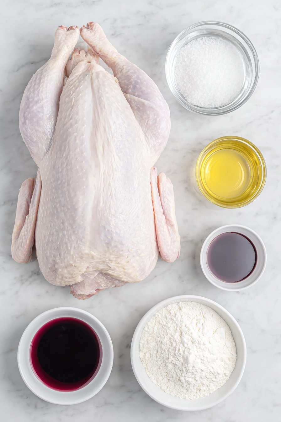 Flat lay of a whole raw goose with fresh natural skin, a small white ceramic bowl of coarse kosher salt, a small white ceramic bowl with golden cooking oil, a small white ceramic bowl filled with clear water, a small white ceramic bowl holding deep red dry red wine, and a small white ceramic bowl containing white cornstarch powder beside a small white ceramic bowl of clear water for mixing, all arranged in perfect symmetry placed on a clean white marble surface, soft natural light, photo taken with an iPhone, professional food photography style, fresh ingredients, white ceramic bowls, no bottles, no duplicates, no utensils, no packaging --ar 2:3 --v 7 --p m7354615311229779997 - Roast Christmas Goose with Gravy, Christmas Goose Recipe, Holiday Roast Goose, Festive Roast Goose with Gravy, Elegant Christmas Meat