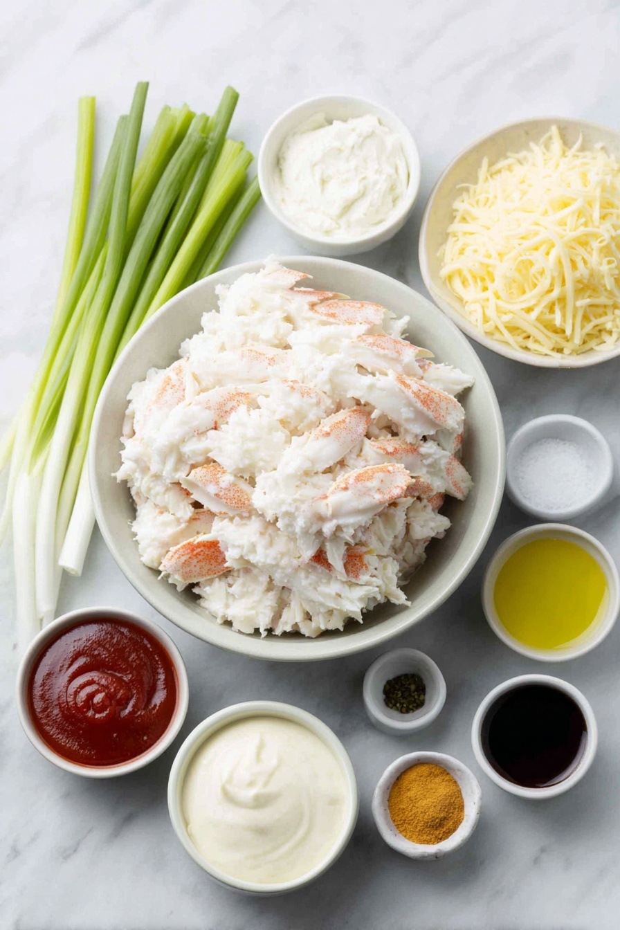 Flat lay of fresh lump blue crab meat in a simple white ceramic bowl, a small white bowl of smooth cream cheese, a small white bowl filled with grated sharp cheddar cheese, a small white bowl of thick sour cream, thinly sliced green and white scallions arranged neatly on the side, a small white bowl of creamy mayonnaise, a small white bowl containing bright red hot sauce, a small white bowl with smooth Dijon mustard, a small white bowl with fresh lemon juice, a small white bowl with coarse Old Bay seasoning, a small white bowl with dark Worcestershire sauce, a small white bowl of pale garlic powder, a small white bowl of vivid red cayenne pepper, all placed symmetrically on a clean white marble surface, soft natural light, photo taken with an iPhone, professional food photography style, fresh ingredients, white ceramic bowls, no bottles, no duplicates, no utensils, no packaging --ar 2:3 --v 7 --p m7354615311229779997 - Spicy Maryland Crab Dip, Maryland Crab Dip, Chesapeake Bay Crab Dip, Old Bay Crab Dip, Spicy Crab Dip