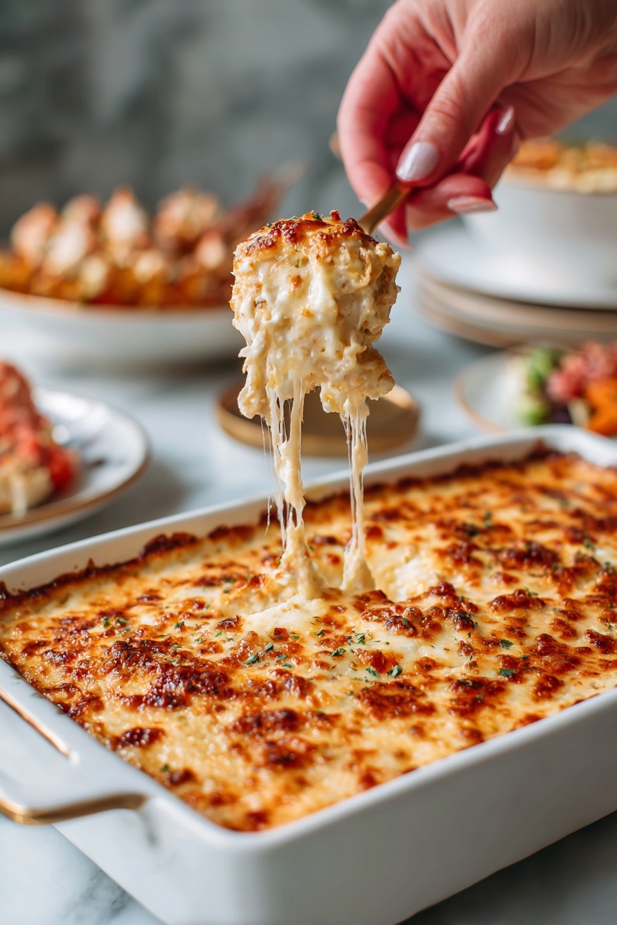 A woman’s hand holds a scoop of cheesy baked dish above a white rectangular baking dish filled with a golden brown, bubbly cheese layer on top. The cheese is melted and slightly browned, showing a stretchy texture as it pulls away from the dish. The background shows part of a white marbled surface and blurred plates with food on them. The overall look is warm, rich, and inviting. photo taken with an iphone --ar 2:3 --v 7 - Spicy Maryland Crab Dip, Maryland Crab Dip, Chesapeake Bay Crab Dip, Old Bay Crab Dip, Spicy Crab Dip