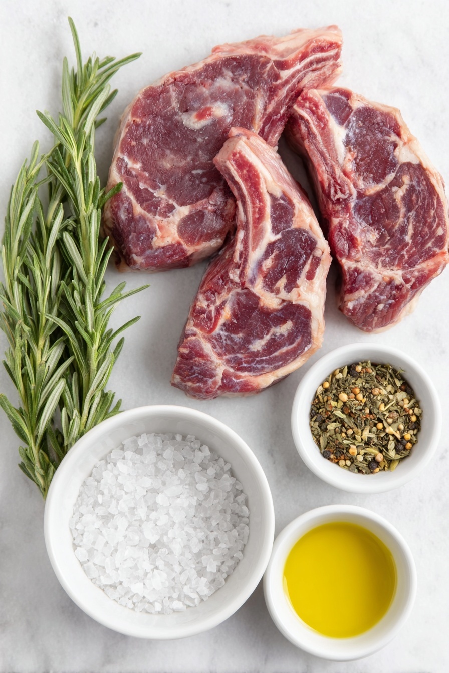 Flat lay of two raw lamb chops with a rich red color and white marbling, a small white ceramic bowl filled with coarse sea salt crystals, a small white ceramic bowl of freshly cracked black peppercorns, a small white ceramic bowl containing golden olive oil, a small bunch of fresh rosemary sprigs with deep green needles, and a small white ceramic bowl holding a blend of mixed dried herbs and spices, all arranged symmetrically on a clean white marble surface, soft natural light, photo taken with an iPhone, professional food photography style, fresh ingredients, white ceramic bowls, no bottles, no duplicates, no utensils, no packaging --ar 2:3 --v 7 --p m7354615311229779997 - Broiled Lamb Chops, Lamb Chops Recipe, Quick Lamb Dinner, Juicy Lamb Chops, Easy Broiled Lamb