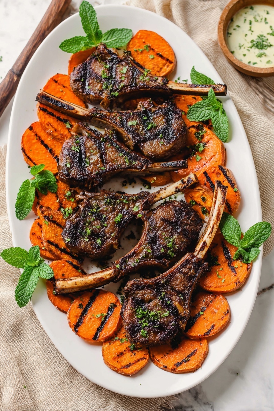 A white oval plate holds six grilled lamb chops, each with a dark brown, slightly charred texture and green herb sprinkles on top. Around and between the lamb chops, there are many slices of grilled orange sweet potato with visible grill marks. Fresh green mint leaves are placed on two sides of the plate for decoration. The plate sits on a white marbled surface with a beige cloth underneath on one side. A small bowl with a light cream sauce garnished with green herbs is partly visible in the background. Photo taken with an iphone --ar 2:3 --v 7 - Broiled Lamb Chops, Lamb Chops Recipe, Quick Lamb Dinner, Juicy Lamb Chops, Easy Broiled Lamb