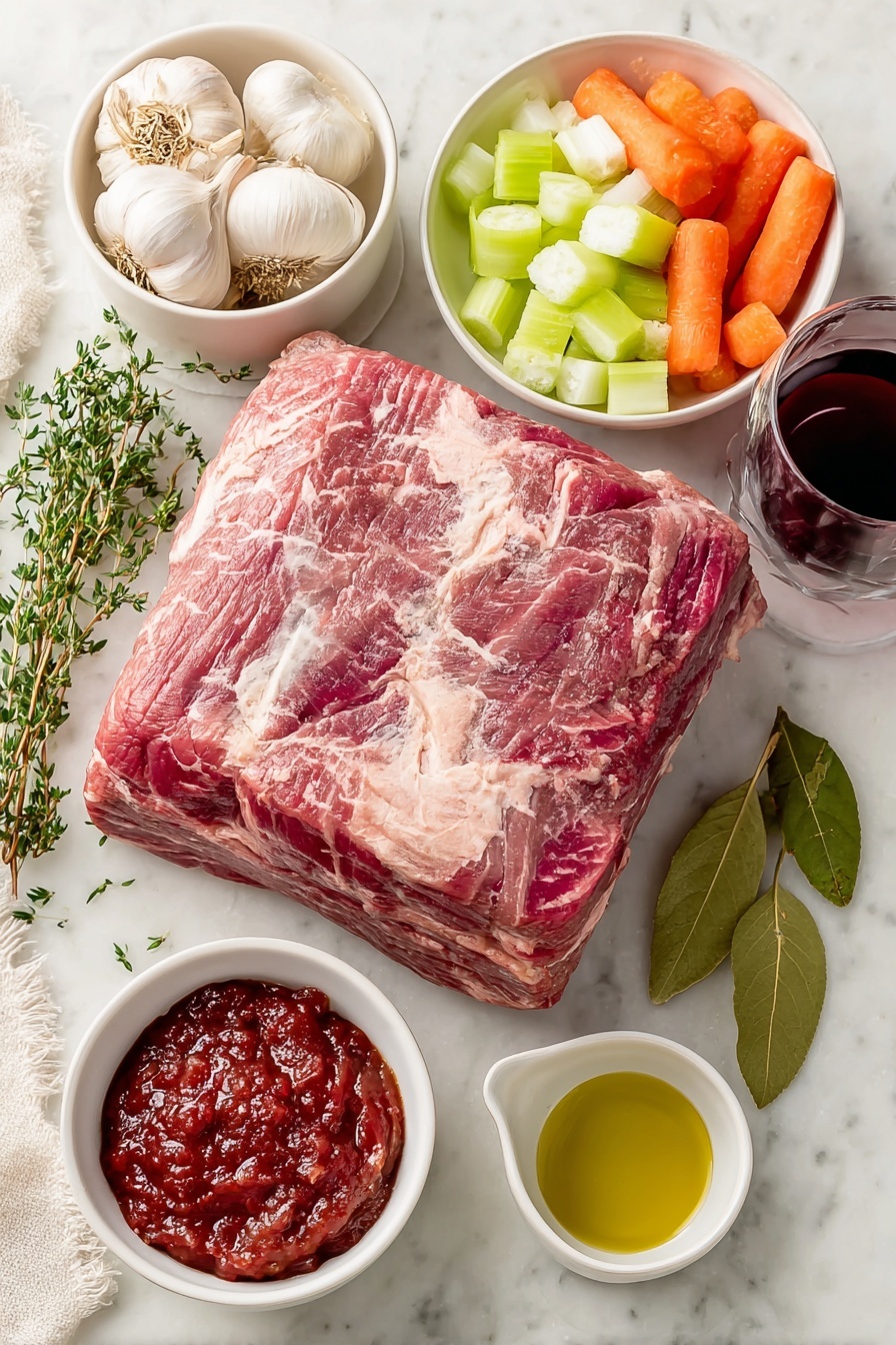 Flat lay of a large whole raw beef brisket with rich marbling, several medium yellow onions sliced into rings, medium whole carrots cut into large dice, celery ribs diced into large chunks, six whole unpeeled garlic cloves, a small white ceramic bowl of deep red dry red wine, a small white bowl filled with crushed whole peeled tomatoes with juices, a small white bowl of smooth red ketchup, fresh green sprigs of thyme, two fresh bay leaves, and a small white bowl of golden vegetable oil, all arranged symmetrically on a clean white marble surface, soft natural light, photo taken with an iPhone, professional food photography style, fresh ingredients, white ceramic bowls, no bottles, no duplicates, no utensils, no packaging --ar 2:3 --v 7 --p m7354615311229779997 - Jewish-Style Braised Brisket, braised brisket recipe, slow-cooked beef brisket, holiday brisket dish, comfort food beef recipe