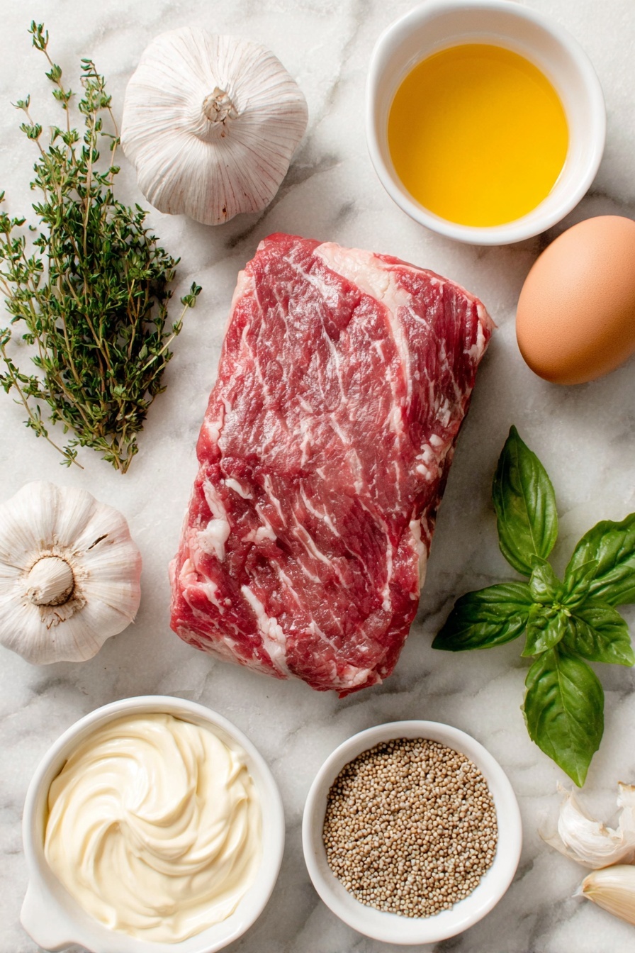 Flat lay of a large raw beef tenderloin roast with natural marbling, a halved head of garlic showing creamy cloves, a small bunch of fresh thyme sprigs, a small pile of fresh flat-leaf parsley leaves, fresh basil leaves arranged neatly, a single uncracked brown egg, a small white ceramic bowl with a smooth dollop of creamy mayonnaise, another small white bowl containing prepared horseradish cream, a small white bowl holding whole grain mustard seeds soaked in mustard sauce, a small white bowl with melted unsalted butter, and a small white bowl of light golden grape seed oil, all placed symmetrically on a clean white marble surface, soft natural light, photo taken with an iPhone, professional food photography style, fresh ingredients, white ceramic bowls, no bottles, no duplicates, no utensils, no packaging --ar 2:3 --v 7 --p m7354615311229779997 - Herb Crusted Beef Tenderloin with Horseradish Sauce, beef tenderloin recipes, herb crusted beef, elegant beef main dishes, holiday beef recipes