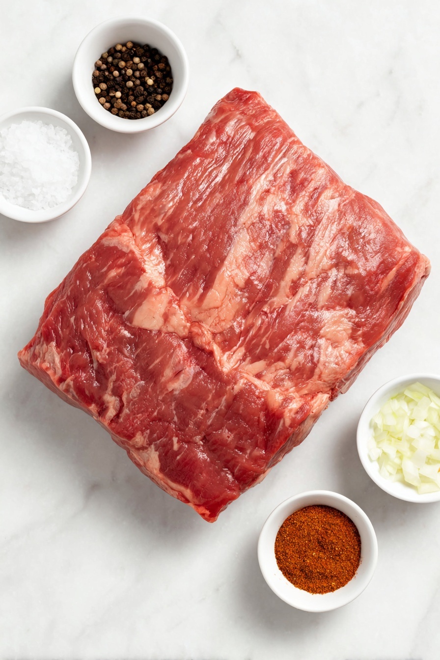 Flat lay of a large whole raw packer brisket with visible marbling and fat cap, a small white ceramic bowl of coarse salt crystals, a small white ceramic bowl of coarse black peppercorns, a small white ceramic bowl of granulated garlic powder, a small white ceramic bowl of granulated onion powder, a small white ceramic bowl of chipotle chili powder with a deep reddish hue, a small white ceramic bowl of ground coriander seeds with a warm brown tone, all arranged symmetrically and balanced, placed on a clean white marble surface, soft natural light, photo taken with an iPhone, professional food photography style, fresh ingredients, white ceramic bowls, no bottles, no duplicates, no utensils, no packaging --ar 2:3 --v 7 --p m7354615311229779997 - Texas Smoked Brisket, smoked brisket recipe, how to make Texas smoked brisket, best smoked brisket, Texas barbecue brisket