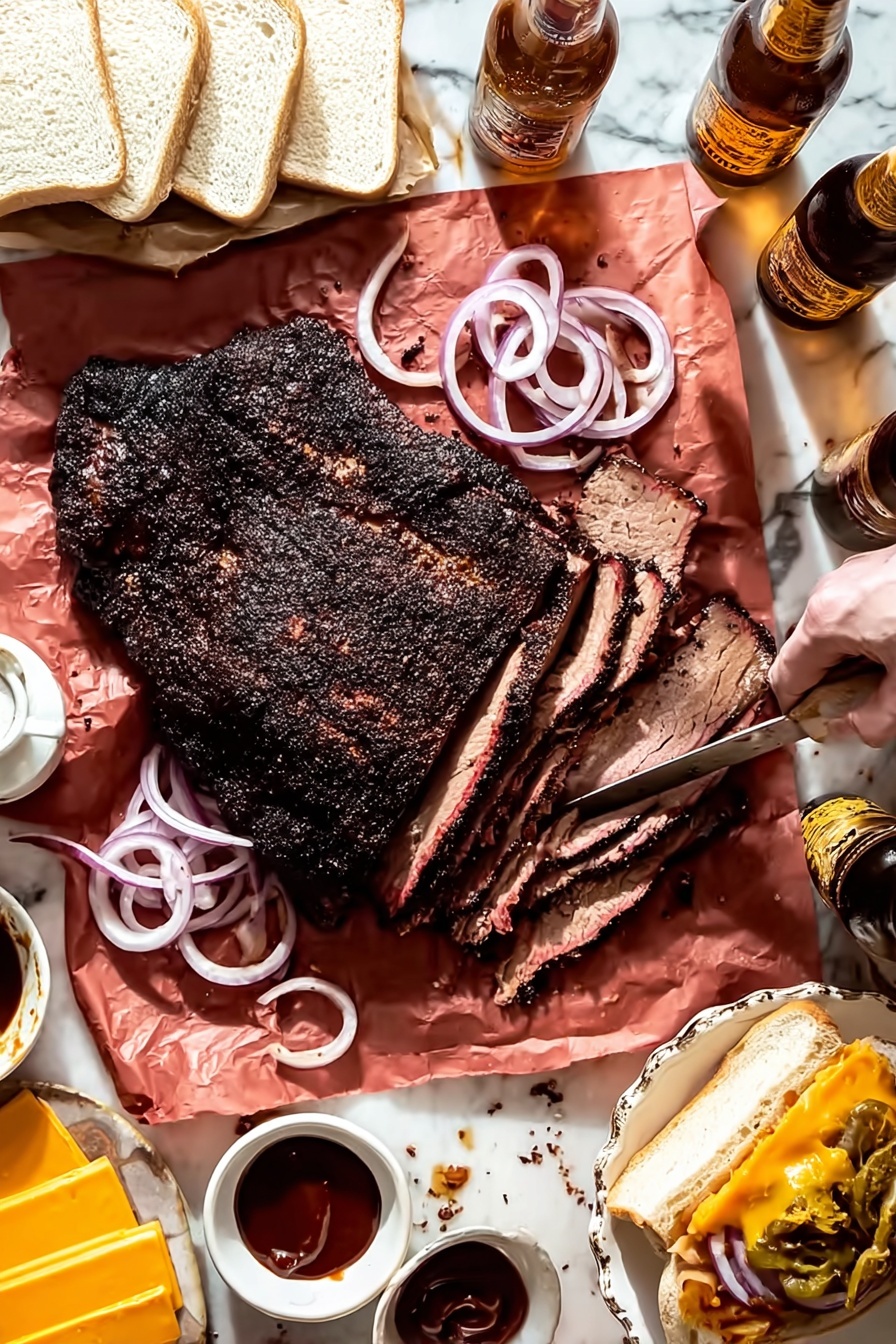 A large piece of smoked meat with a dark, crispy crust is placed on reddish-brown paper over a white marbled surface, showing several thick slices with pinkish interior layers. Thin rings of pale purple onions are scattered on top and to the side. A woman's hand with a knife and fork is slicing the meat. Around the meat are white bread slices stacked on the left and a plate of bright orange cheese slices at the bottom left. Two white bowls with more thin onion rings sit on the right. There is a small bowl of dark red barbecue sauce near the meat, with some sauce spilled on the paper and a white plate holding a sandwich with melted cheese, meat slices, and barbecue sauce to the right. Two bottles of light brown beer are also visible at the top. Photo taken with an iphone --ar 2:3 --v 7 - Texas Smoked Brisket, smoked brisket recipe, how to make Texas smoked brisket, best smoked brisket, Texas barbecue brisket