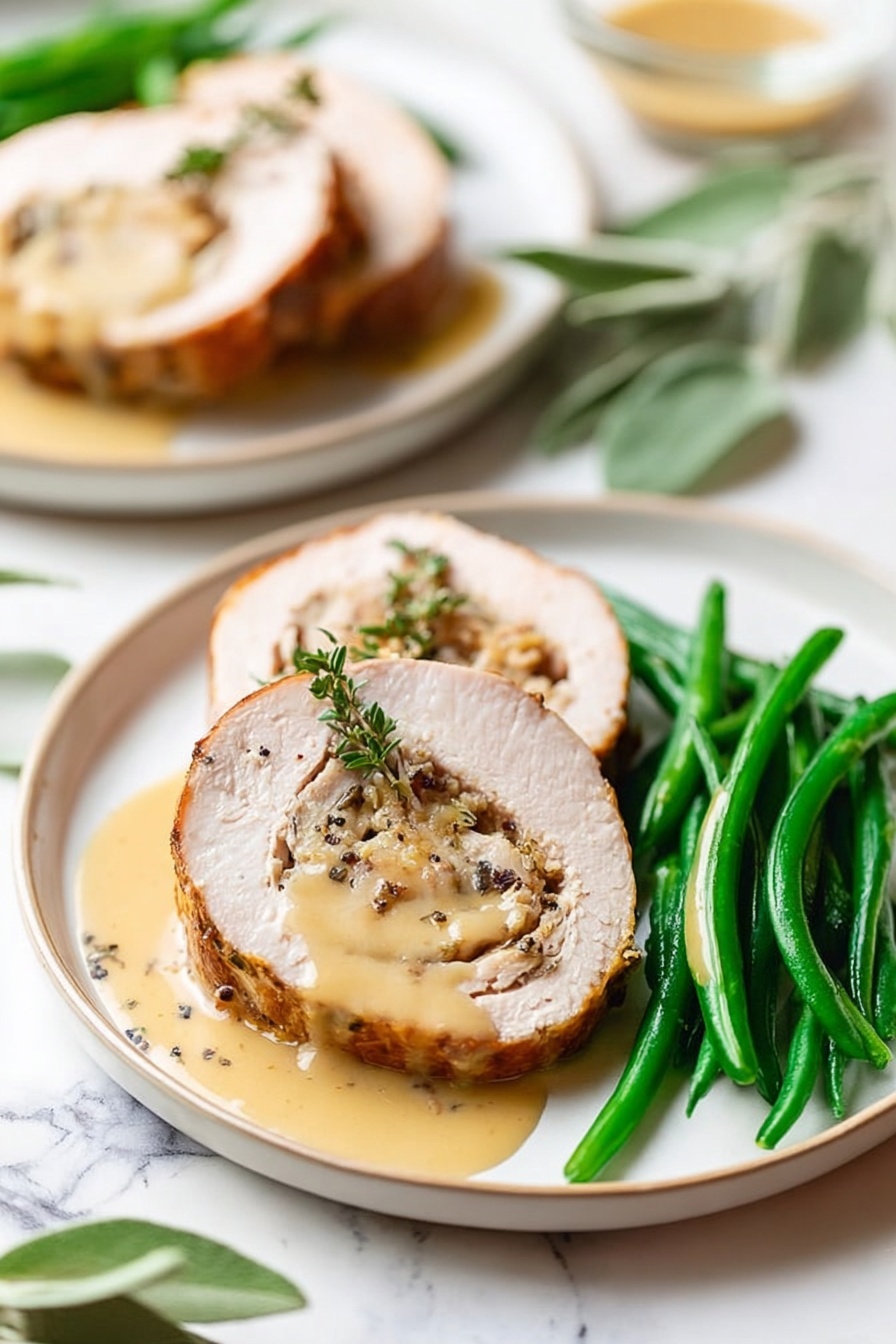 A white plate sits on a white marbled surface holding a meal with two pieces of cooked meat covered with light tan sauce, speckled with black pepper. To the right of the meat is a neat pile of bright green cooked green beans. A silver fork and knife rest crossed on the right side of the plate. In the upper right corner, there is a clear glass bowl filled with pale, smooth sauce. A couple of fresh green sage leaves are visible on the marbled surface near the plate. photo taken with an iphone --ar 2:3 --v 7 - Turkey Roulade with Cranberry Stuffing, holiday turkey roulade, festive turkey breast wrap, elegant stuffing roulade, savory cranberry turkey