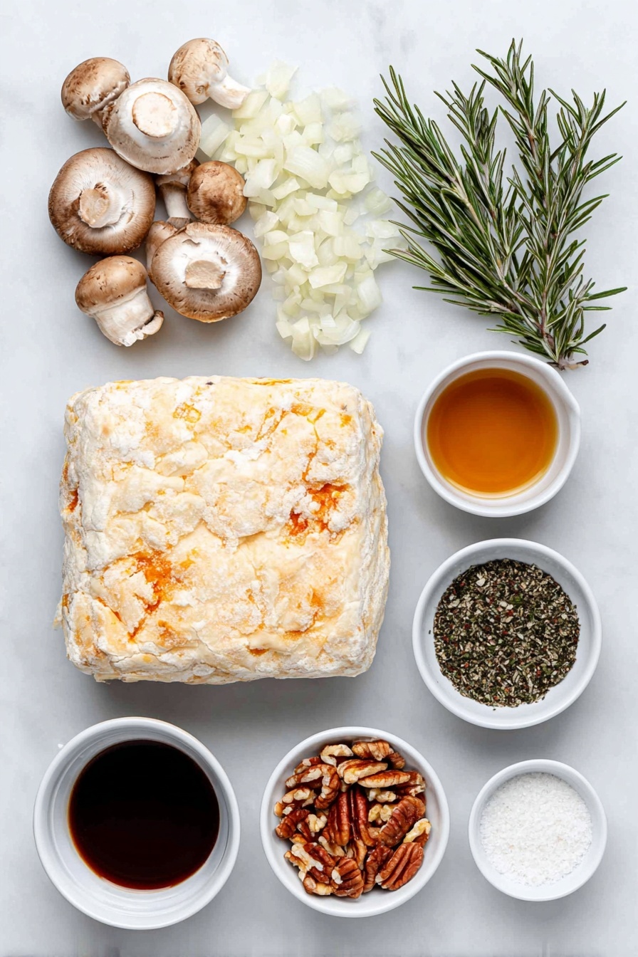 Flat lay of two sheets of cold vegan puff pastry, a variety of fresh mushrooms including cremini, king oyster, shiitake, and portobello, one large diced onion, several fat garlic cloves roughly chopped, a small pile of chopped fresh rosemary, a few sprigs of rosemary, a small white ceramic bowl of olive oil, a small white ceramic bowl with deep amber sherry wine, a small white ceramic bowl with dark balsamic vinegar, a small white ceramic bowl filled with chopped toasted pecans, a small pile of coarse kosher salt, and a small pile of cracked black pepper, placed on a clean white marble surface, soft natural light, photo taken with an iPhone, professional food photography style, fresh ingredients, white ceramic bowls, no bottles, no duplicates, no utensils, no packaging --ar 2:3 --v 7 --p m7354615311229779997 - Vegan Mushroom Wellington with Pecans, mushroom Wellington recipe, plant-based Mushroom Wellington, vegan holiday Wellington, savory mushroom and pecan Wellington