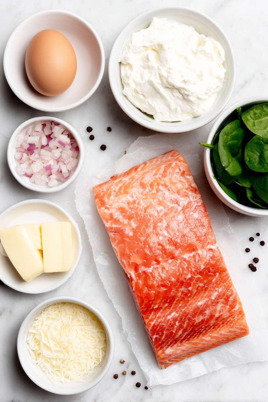 Flat lay of a whole uncracked brown egg, a small white ceramic bowl of unsalted butter, a small white ceramic bowl with diced shallot, two peeled garlic cloves, a bunch of fresh baby spinach leaves, a small white ceramic bowl of cream cheese, a small white ceramic bowl with grated parmesan cheese, a small white ceramic bowl of freshly squeezed lemon juice, a thick raw salmon filet with skin, a square sheet of thawed puff pastry on a simple white ceramic plate, kosher salt and black peppercorns loosely scattered, all arranged in perfect symmetry, placed on a clean white marble surface, soft natural light, photo taken with an iPhone, professional food photography style, fresh ingredients, white ceramic bowls, no bottles, no duplicates, no utensils, no packaging --ar 2:3 --v 7 --p m7354615311229779997 - Salmon en Croûte with Spinach and Puff Pastry, Salmon en Croûte recipe, Elegant salmon dishes, Flaky puff pastry salmon, Easy gourmet salmon recipe