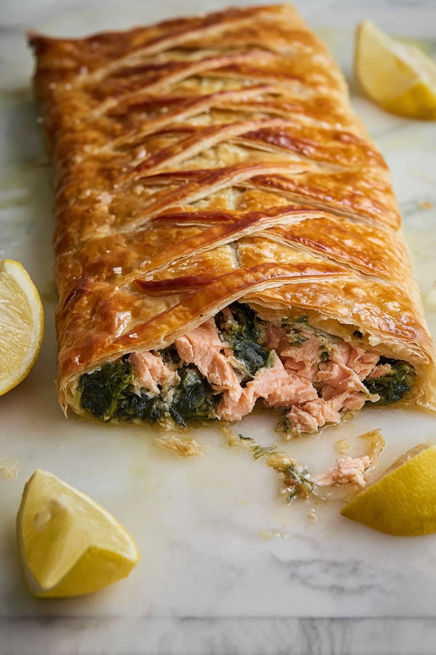 A rectangular pastry has a golden, flaky crust with five slits on top showing the green spinach layer beneath. Inside, there is a thick, pink salmon layer with a soft texture, topped with dark green cooked spinach. The pastry sits on a white marbled surface with two lemon wedges nearby, one whole and one cut in half, adding a pop of bright yellow to the scene. Photo taken with an iphone --ar 2:3 --v 7 - Salmon en Croûte with Spinach and Puff Pastry, Salmon en Croûte recipe, Elegant salmon dishes, Flaky puff pastry salmon, Easy gourmet salmon recipe