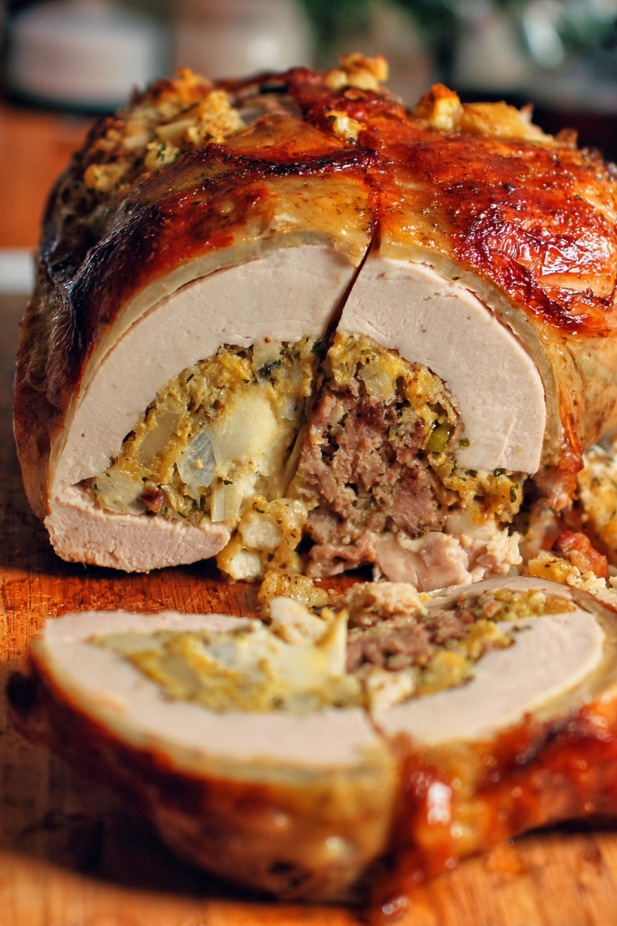 A large roasted turkey is placed on a wooden cutting board on a white marbled countertop. The turkey has a crispy, golden-brown skin with a slight shine. One side of the turkey has been sliced off, revealing the inside with several layers: the top layer is a cut of white turkey meat, below it a stuffing mixture with bits of herbs and bread, and some darker meat underneath. A person's hands are visible, one holding the turkey steady and the other with a knife making the cut. In the background, there is a clear glass mixing bowl, an olive oil bottle, and some kitchen utensils. The whole scene is well lit, showing warm tones of the food clearly. photo taken with an iphone --ar 2:3 --v 7 - Healthy Turducken, Turkey Duck Chicken Roast, Healthy Stuffed Poultry, Nourishing Holiday Main Dish, Juicy Small-Footprint Celebration