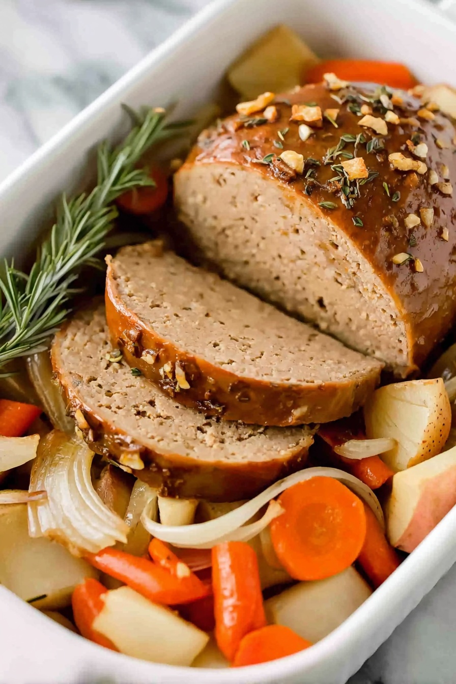 A white baking dish holds one round loaf of golden brown meatloaf, partially sliced into three thick, even pieces showing a smooth, dense inside. The top of the meatloaf is sprinkled with small bits of herbs and tiny onion pieces. Around the meatloaf, there is a mix of cooked vegetables, including orange carrot chunks, pale potato pieces, and translucent onion strips, all resting directly on the vegetables is a sprig of green rosemary. The whole scene is set on a white marbled surface. photo taken with an iphone --ar 2:3 --v 7 - Vegan Tofurky Roast with Roasted Vegetables, plant-based roast, vegan holiday main dish, vegetarian roast recipe, vegan holiday centerpiece