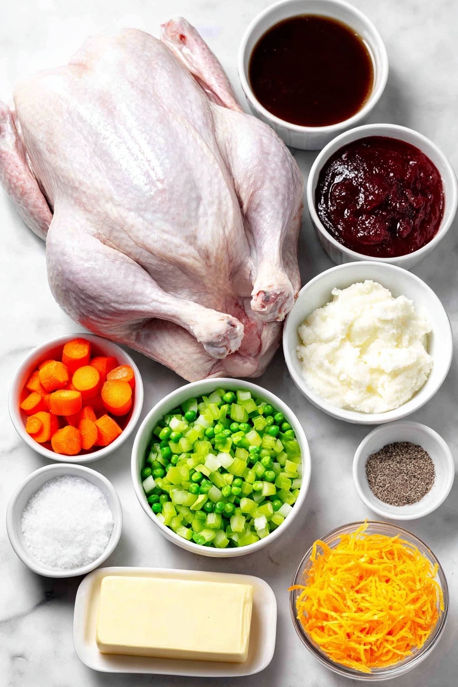 Flat lay of a whole raw duck with glossy skin, a small mound of coarse kosher salt crystals, a single fresh medium carrot diced into small cubes, a medium yellow onion diced, a large celery rib diced into pieces, a small white ceramic bowl filled with rich brown beef or chicken stock, a small white bowl containing thick deep red tomato paste, a small white bowl of granulated white sugar, a small white bowl holding deep red wine vinegar, fine julienne strips of bright orange navel orange zest neatly arranged, a small white bowl with fresh vibrant navel orange juice, a small white bowl with pale yellow fresh lemon juice, a small white bowl of cold unsalted butter, and a few twists of freshly ground black pepper, all ingredients carefully spaced symmetrically on a clean white marble surface, soft natural light, photo taken with an iPhone, professional food photography style, fresh ingredients, white ceramic bowls, no bottles, no duplicates, no utensils, no packaging --ar 2:3 --v 7 --p m7354615311229779997 - Duck à l'Orange, Duck à l'Orange recipe, French duck dish, orange sauce duck, easy duck recipes