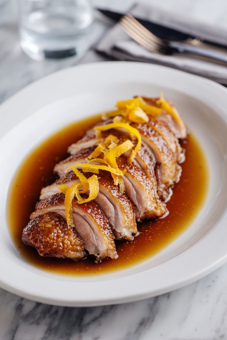 The image shows a white plate with a carved cooked duck leg placed in the center. The duck leg is sliced into six pieces arranged in a row with the single whole part of the leg at the back. The crispy, golden-brown skin of the duck contrasts with the tender, pale meat inside. Thin strips of orange peel are scattered on top of the meat and plate. A shiny brown sauce pools around the duck, covering almost the whole plate. The setting is on a white marbled surface with silver cutlery visible on the right side of the plate. Photo taken with an iphone --ar 2:3 --v 7 - Duck à l'Orange, Duck à l'Orange recipe, French duck dish, orange sauce duck, easy duck recipes