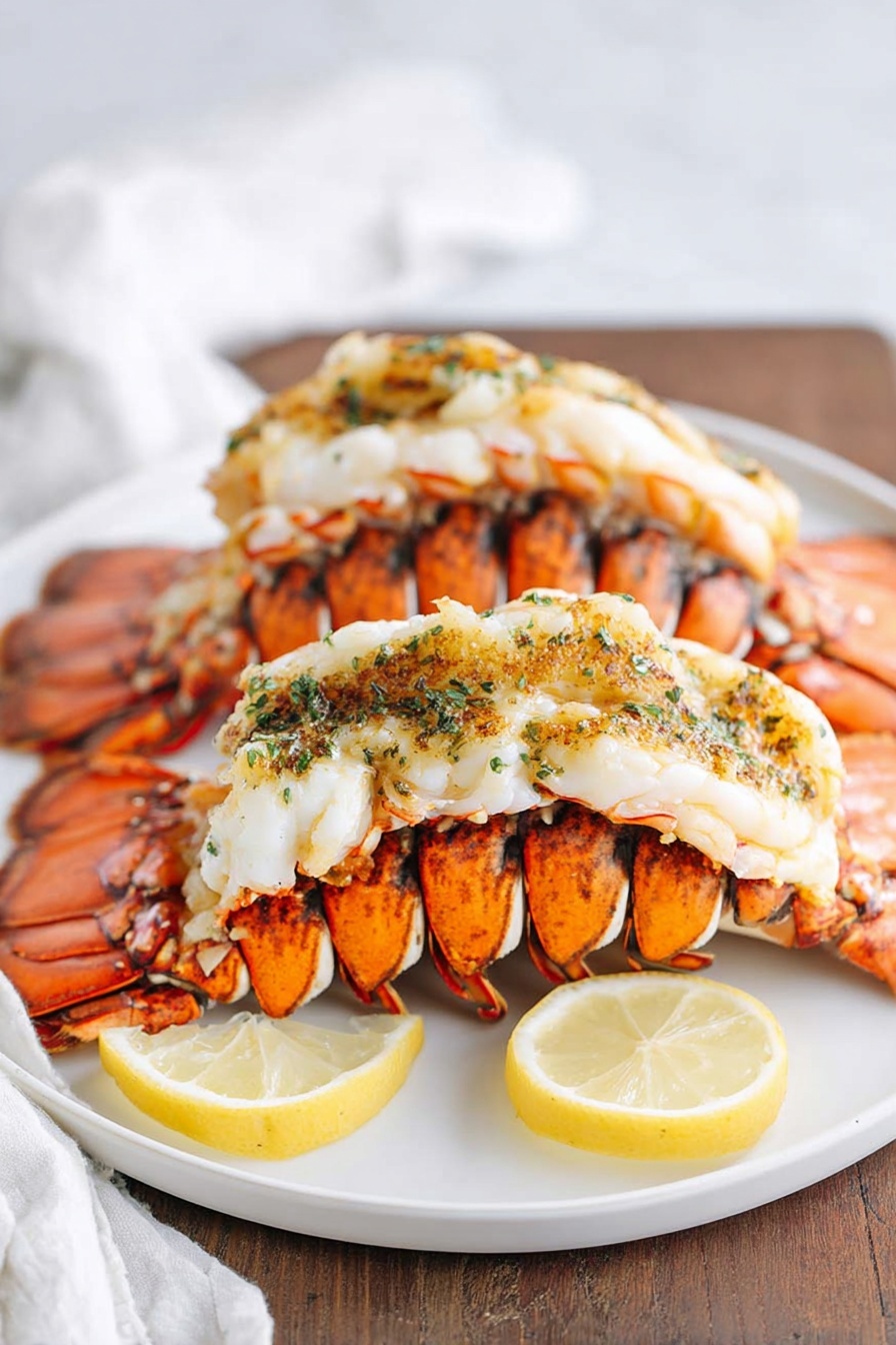 The image shows a close-up view of three cooked lobster tails placed side by side on a metal baking tray. Each lobster tail has a thick white layer of cooked lobster meat on top with a golden and slightly green seasoning, possibly herbs or butter sauce. The shells are an orange-brown color with visible white spots, and the meat looks tender and juicy. The background is a kitchen with white marbled texture on the surface, part of a white apron, and a blurred figure standing in the background. Photo taken with an iphone --ar 2:3 --v 7 - Broiled Lobster Tail with Garlic Butter, lobster tail recipes, seafood dinner ideas, easy lobster recipes, elegant seafood dishes