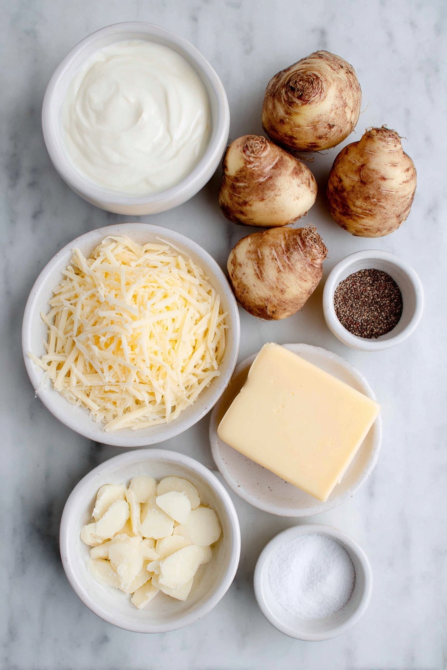 Flat lay of fresh small turnips whole and sliced thin, a half stick of soft butter, two uncracked brown garlic cloves, a small white ceramic bowl with heavy whipping cream, a small white bowl with grated Parmesan cheese, a small white bowl with grated sharp Cheddar cheese, a small white bowl of fine white salt, a small white bowl of cracked black pepper, and a small white bowl with fine white glucomannan powder, all arranged in perfect symmetry on a clean white ceramic surface, placed on a clean white marble surface, soft natural light, photo taken with an iPhone, professional food photography style, fresh ingredients, white ceramic bowls, no bottles, no duplicates, no utensils, no packaging --ar 2:3 --v 7 --p m7354615311229779997 - Creamy Turnip Gratin, turnip gratin side dish, cheesy turnip casserole, comforting turnip recipes, easy turnip gratin