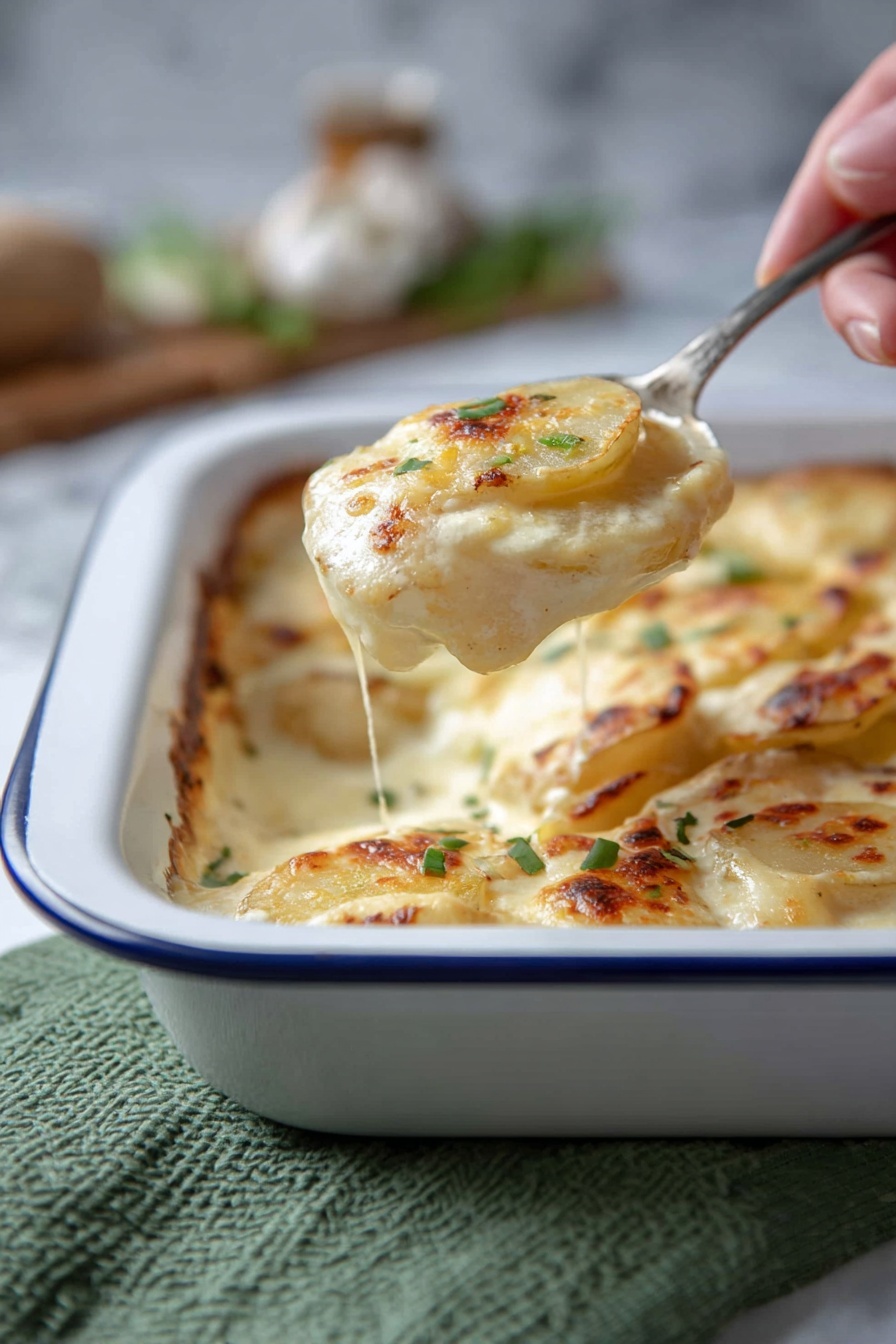 A close-up view of a layered potato dish in a white baking dish with blue trim, showing several soft, round slices of potato stacked with creamy white sauce and melted cheese with a light golden brown top layer and small bits of green herbs sprinkled on top. A woman's hand holds a spoonful of the potatoes above the dish, highlighting the smooth, creamy texture and slight browning. The background shows a white marbled surface with some blurred kitchen items, and a green textured cloth is visible under the dish. photo taken with an iphone --ar 2:3 --v 7 - Creamy Turnip Gratin, turnip gratin side dish, cheesy turnip casserole, comforting turnip recipes, easy turnip gratin