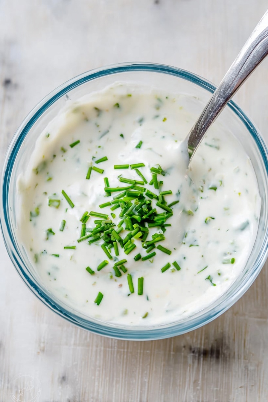 A clear glass bowl holds a creamy white sauce mixed with small green chive pieces, giving the sauce a slightly speckled look. Inside the bowl, a silver spoon is resting on the right side, partly dipped into the sauce. The sauce has a smooth texture with some green chives spread on top. The bowl is placed on a white marbled surface. photo taken with an iphone --ar 2:3 --v 7 - Creamy Horseradish Sauce for Prime Rib, horseradish sauce for roast beef, easy prime rib sauce, quick horseradish sauce recipe, flavorful prime rib condiment