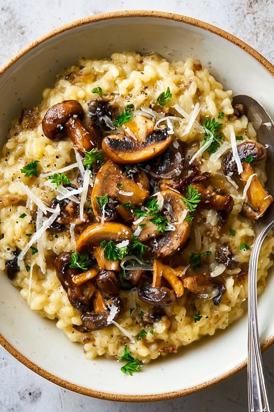 A white ceramic bowl filled with creamy risotto that has a light golden color and soft, plump rice grains forming the base layer. On top, there are several cooked mushrooms in varying sizes=