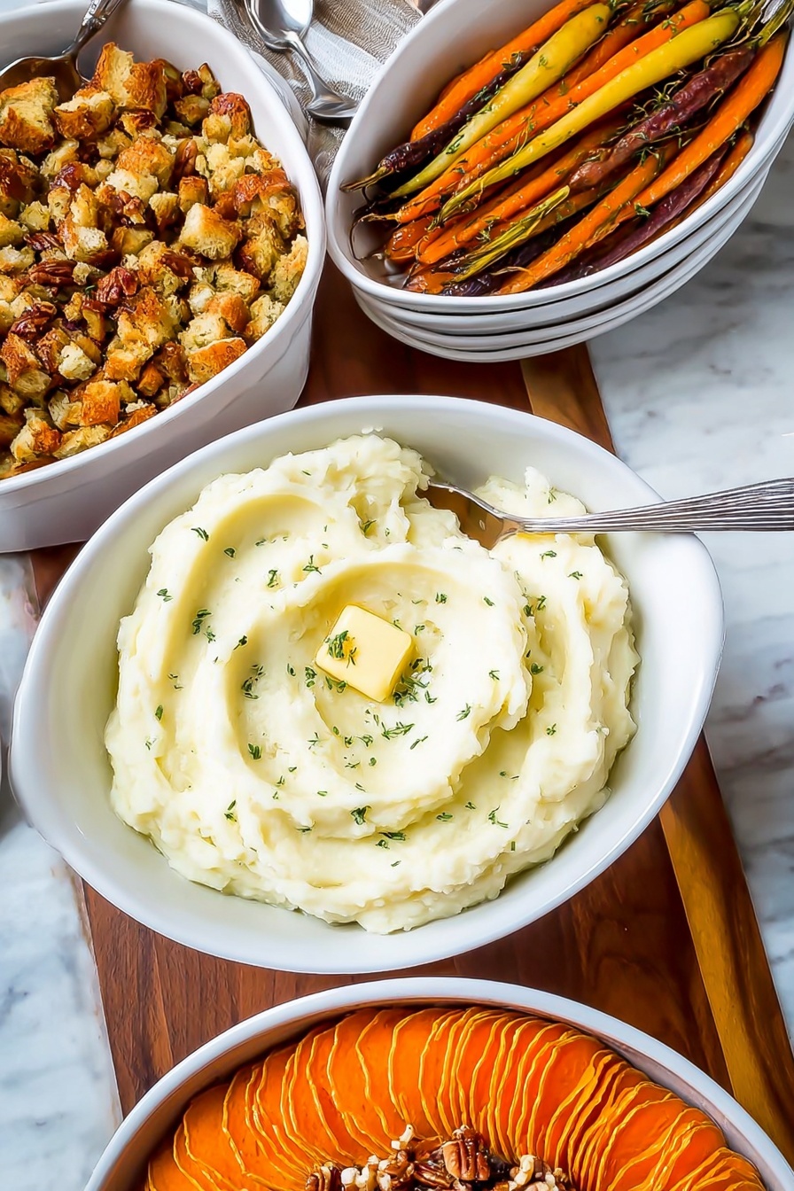The image shows three white dishes arranged on a wooden table with a white marbled background. The center dish contains creamy mashed potatoes with soft swirls, topped with a small square of melting butter and sprinkled with small green herbs. To the back right, a white bowl holds roasted carrots that are long and multicolored—orange, yellow, and deep purple—showing a slightly crispy texture on their skin. To the left, there is a white bowl filled with golden brown stuffing made of small bread pieces and diced vegetables, with a silver spoon resting inside. In the bottom part of the image, a round dish has a neatly layered sweet potato casserole with thin, overlapping orange slices arranged in concentric circles, topped with nut pieces and a silver spoon. The overall look is warm and hearty. Photo taken with an iphone --ar 2:3 --v 7 - Creamy Mashed Potatoes, creamy mashed potatoes, fluffy mashed potatoes, easy mashed potato side dish, buttery mashed potatoes