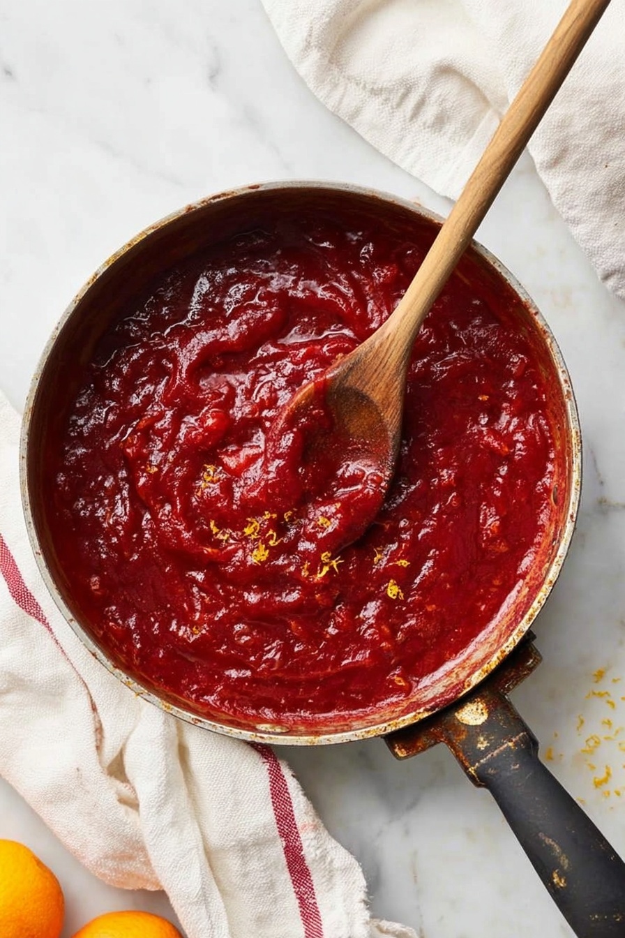 A round pan filled with a thick, deep red sauce that looks chunky and glossy, with bits of orange zest scattered through it. A wooden spoon is lying inside the sauce, partially covered by it. The pan's handle is black and worn, showing signs of use. The pan rests on a white marbled surface with a white cloth that has red stripes underneath it. A macaroni grater with a wooden handle and part of an orange are visible near the pan. Photo taken with an iphone --ar 2:3 --v 7 - Easy Homemade Cranberry Sauce, homemade cranberry sauce, holiday cranberry sauce, quick cranberry sauce recipe, festive cranberry side dish