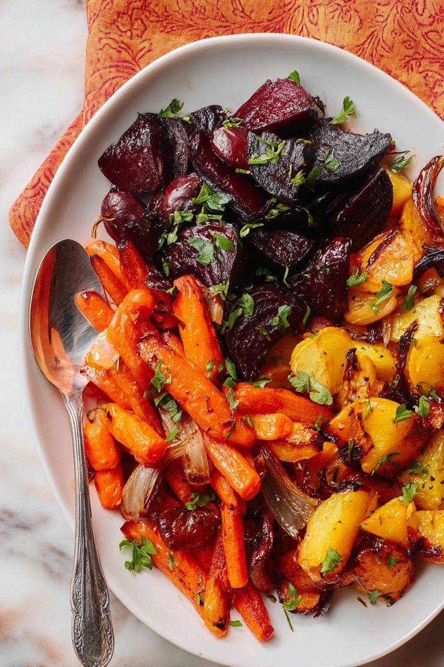 The dish shows a white plate filled with a colorful mix of roasted vegetables. The top left section has dark purple, glossy roasted beets with green herbs sprinkled on them. In the bottom section, there are bright orange roasted carrots, some cut into chunks, surrounded by bits of green herbs and small pieces of roasted onion. The right side has yellow and orange roasted sweet potatoes with some pieces slightly charred, topped with green herbs. A silver spoon rests on the left side of the plate, which lies on a white marbled surface with a small patterned orange cloth peeking at the edge. photo taken with an iphone --ar 2:3 --v 7 - Miso Glazed Roasted Root Vegetables, roasted root vegetables with miso, savory root veggie side dish, healthy roasted root vegetables, flavorful vegetable side dish