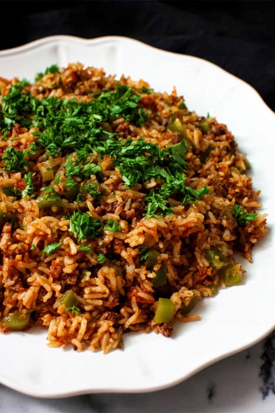 A serving of cooked rice mixed with small pieces of green bell pepper and bits of browned meat, all seasoned and tinted a reddish-brown color. The rice is garnished with fresh, bright green chopped parsley spread evenly over the top. The dish is placed on a white plate with a subtle scalloped edge, resting on a white marbled surface with a black background. photo taken with an iphone --ar 2:3 --v 7 - Vegan Dirty Rice, plant-based dirty rice, vegan Cajun rice, meat-free dirty rice, vegan spicy rice