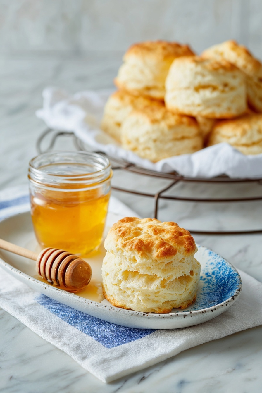 The image shows a round black cast iron pan filled with nine golden-brown biscuits with a light fluffy texture, arranged close together. Below the pan, on a white plate, there are five flaky biscuits with a slightly browned top layer stacked loosely. To the right, a white bowl contains dark red jam with a glossy texture. Further right, two biscuit halves sit on a wooden board, each topped with a dollop of the same jam. Below the plate, a small dish holds pale yellow butter, with a metal butter knife resting beside it. The whole scene is set on a white marbled surface, with a white towel featuring blue stripes partially visible under the pan. photo taken with an iphone --ar 2:3 --v 7 - Fluffy Angel Biscuits, fluffy biscuit recipe, easy homemade biscuits, buttery angel biscuits, tender breakfast biscuits