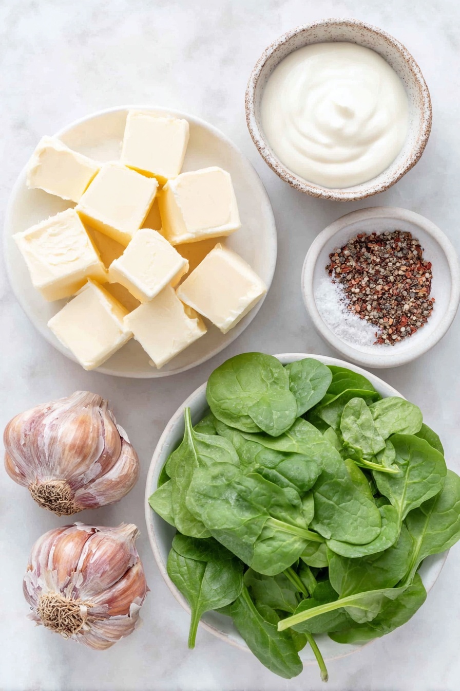Flat lay of unsalted butter in a small white ceramic bowl, four whole uncracked brown garlic cloves, a pile of fresh vibrant baby spinach leaves, cream cheese cut into small cubes arranged neatly on a white ceramic plate, a small white bowl filled with heavy cream, a white ceramic dish with a rustic mix of dried Italian seasoning, a small white bowl containing coarse sea salt, and another small white bowl with freshly ground black pepper, all placed on a clean white marble surface, soft natural light, photo taken with an iPhone, professional food photography style, fresh ingredients, white ceramic bowls, no bottles, no duplicates, no utensils, no packaging --ar 2:3 --v 7 --p m7354615311229779997 - Creamed Spinach, Quick and Easy Creamed Spinach, Easy Creamed Spinach Side Dish, Creamed Spinach Recipe, Simple Creamed Spinach