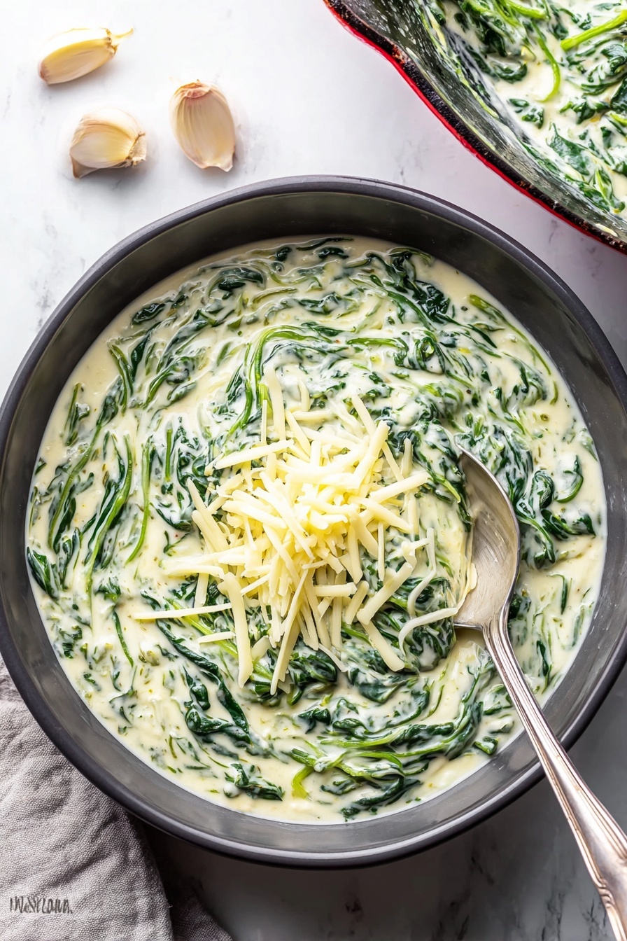 A dark gray bowl filled with creamy white spinach mixed in a smooth sauce, evenly spread to the edges, topped with a small pile of thin, light yellow shredded cheese in the center; a silver spoon rests on the right side inside the bowl. In the top right corner, part of a dark gray pan with a red edge holds more of the creamy spinach mixture. Three garlic cloves lie on the white marbled surface near the bowl, and a folded light gray cloth is at the bottom left corner. The lighting is bright and natural, highlighting the creamy texture and green spinach leaves. Photo taken with an iphone --ar 2:3 --v 7 - Creamed Spinach, Quick and Easy Creamed Spinach, Easy Creamed Spinach Side Dish, Creamed Spinach Recipe, Simple Creamed Spinach
