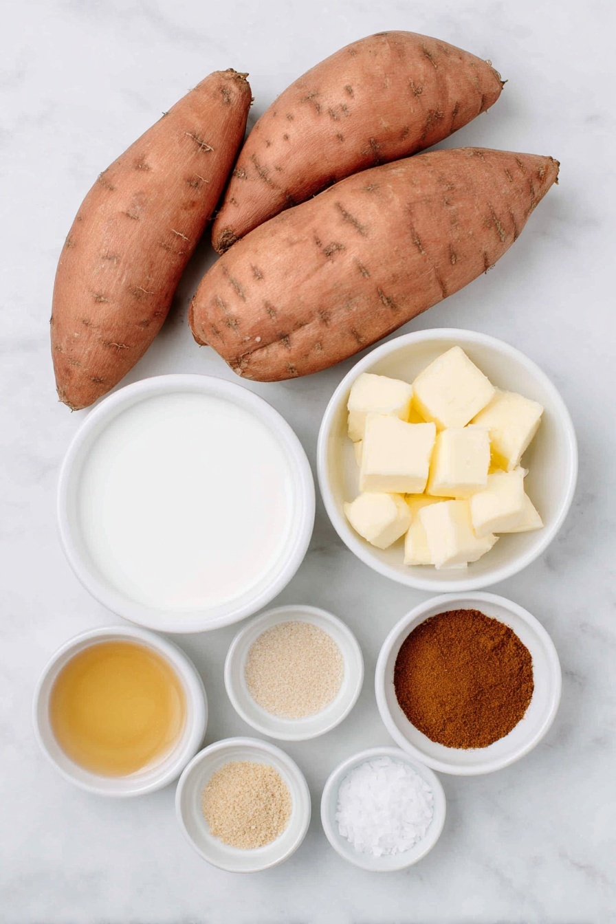 Flat lay of three whole fresh sweet potatoes with smooth orange skin, a small white ceramic bowl filled with creamy full-fat coconut milk, a petite white bowl holding golden maple syrup, a tiny white bowl of clear vanilla extract, a small white bowl with warm brown cinnamon powder, a small white bowl with bright yellow butter cubes, a tiny white bowl of pale beige ground ginger, a miniature white bowl containing fine allspice powder, and a tiny white bowl with white salt crystals, all arranged in perfect symmetry on a clean white marble surface, soft natural light, photo taken with an iPhone, professional food photography style, fresh ingredients, white ceramic bowls, no bottles, no duplicates, no utensils, no packaging --ar 2:3 --v 7 --p m7354615311229779997 - Brown Butter Mashed Sweet Potatoes, sweet potato side dish, cozy holiday side, roasted sweet potato mash, nutty flavored sweet potatoes